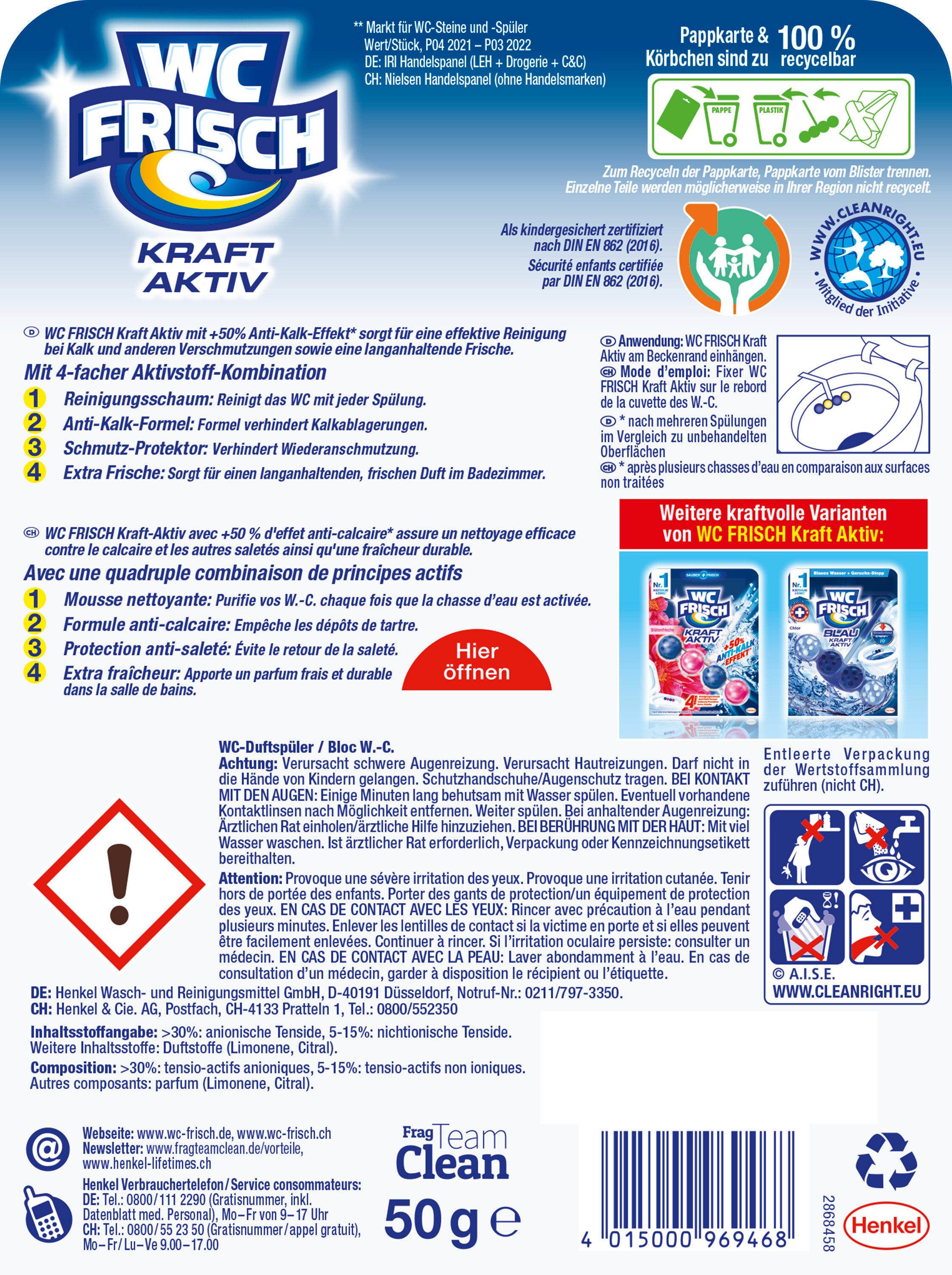 WC Frisch Kraft-Aktiv Duftspüler Lemon WC-Reiniger (1-St. mit +50% Anti-Kalk-Effekt für Extra Frische)