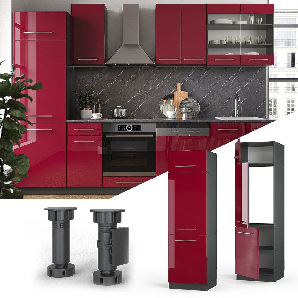 Vicco Kühlumbauschrank Fame-Line, Bordeaux Hochglanz/Anthrazit, 60 cm (1-St)