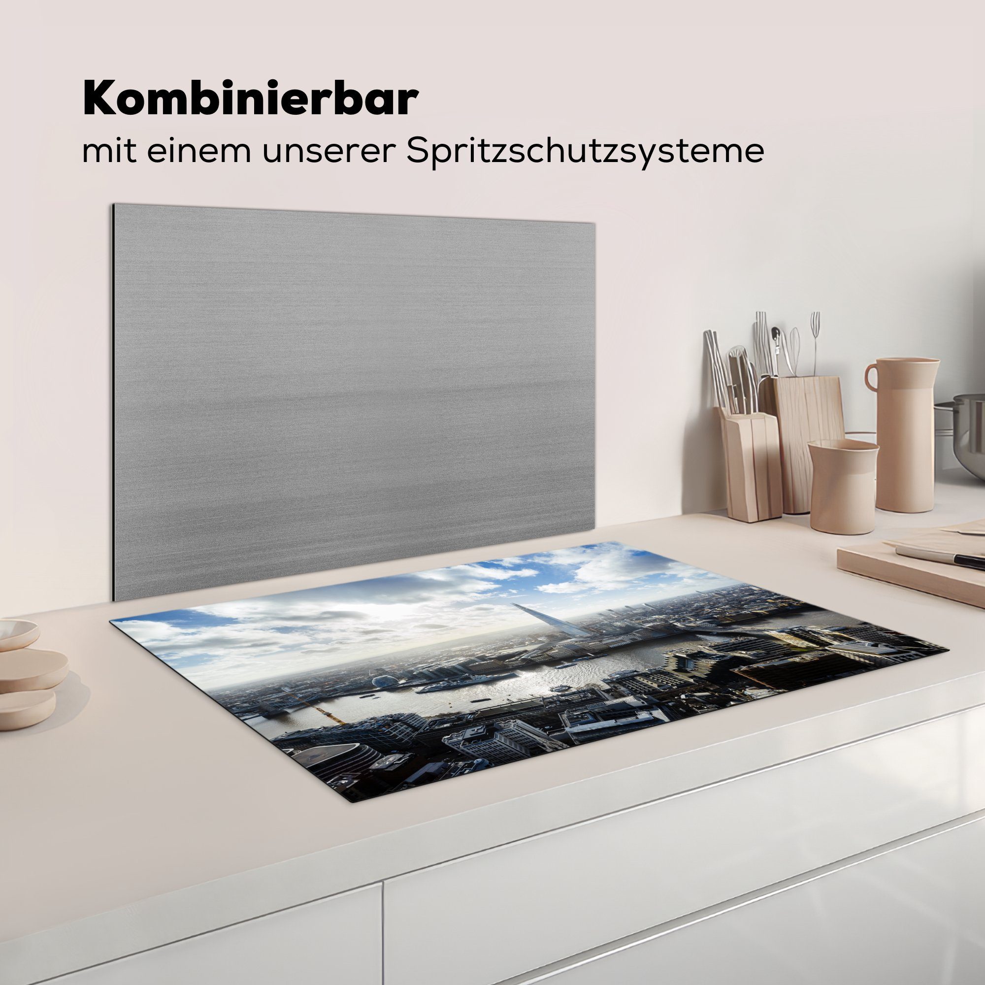 von Vereinigtes küche, Schutz Herdblende-/Abdeckplatte tlg), Vinyl, London, (1 Induktionskochfeld MuchoWow die für cm, Skyline 81x52 Königreich, Ceranfeldabdeckung