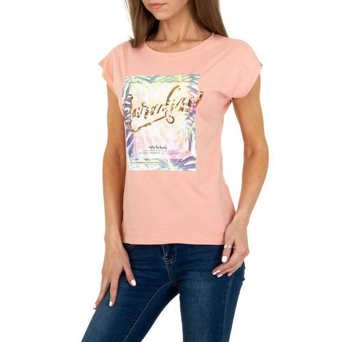 Ital-Design T-Shirt Damen Freizeit Glitzer Print T-Shirt in Rosa
