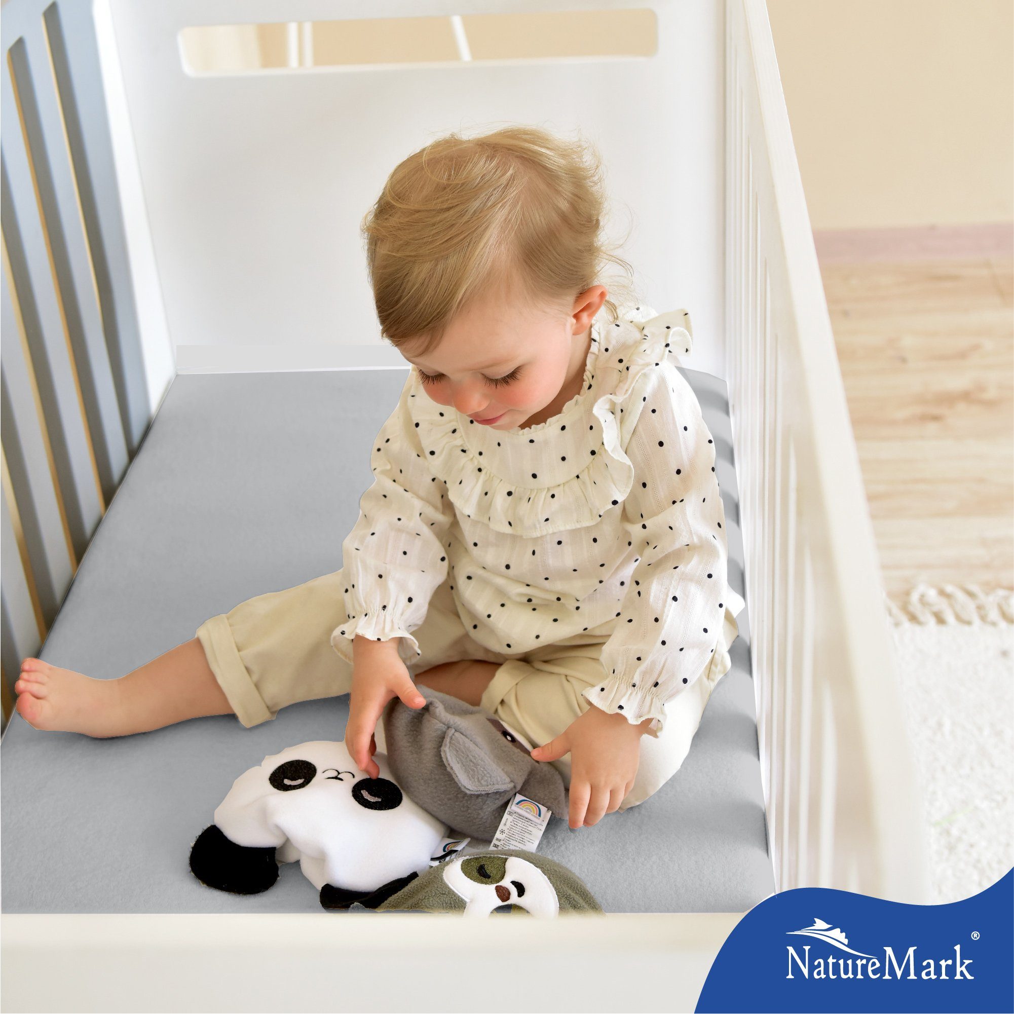 NatureMark Spannbettlaken Jersey Spannbetttuch, 100% Baumwolle, Gummizug: rundum, (2 Stück), Kinder Spannbetttuch, für Baby-/Kinderbett, 70x140 cm, Silber grau – Bild 4 von 4