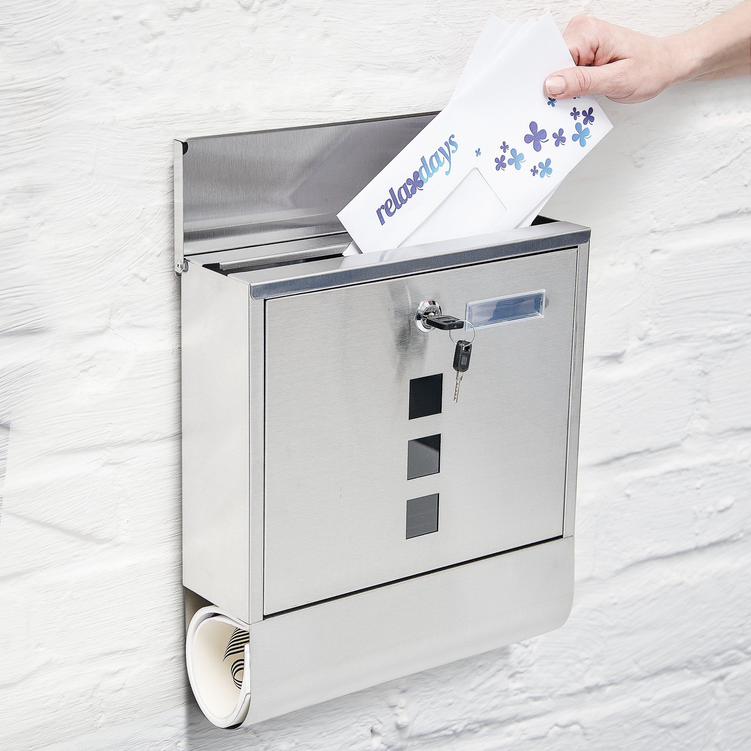 relaxdays Briefkasten Edelstahl mit Zeitungsfach günstig online kaufen