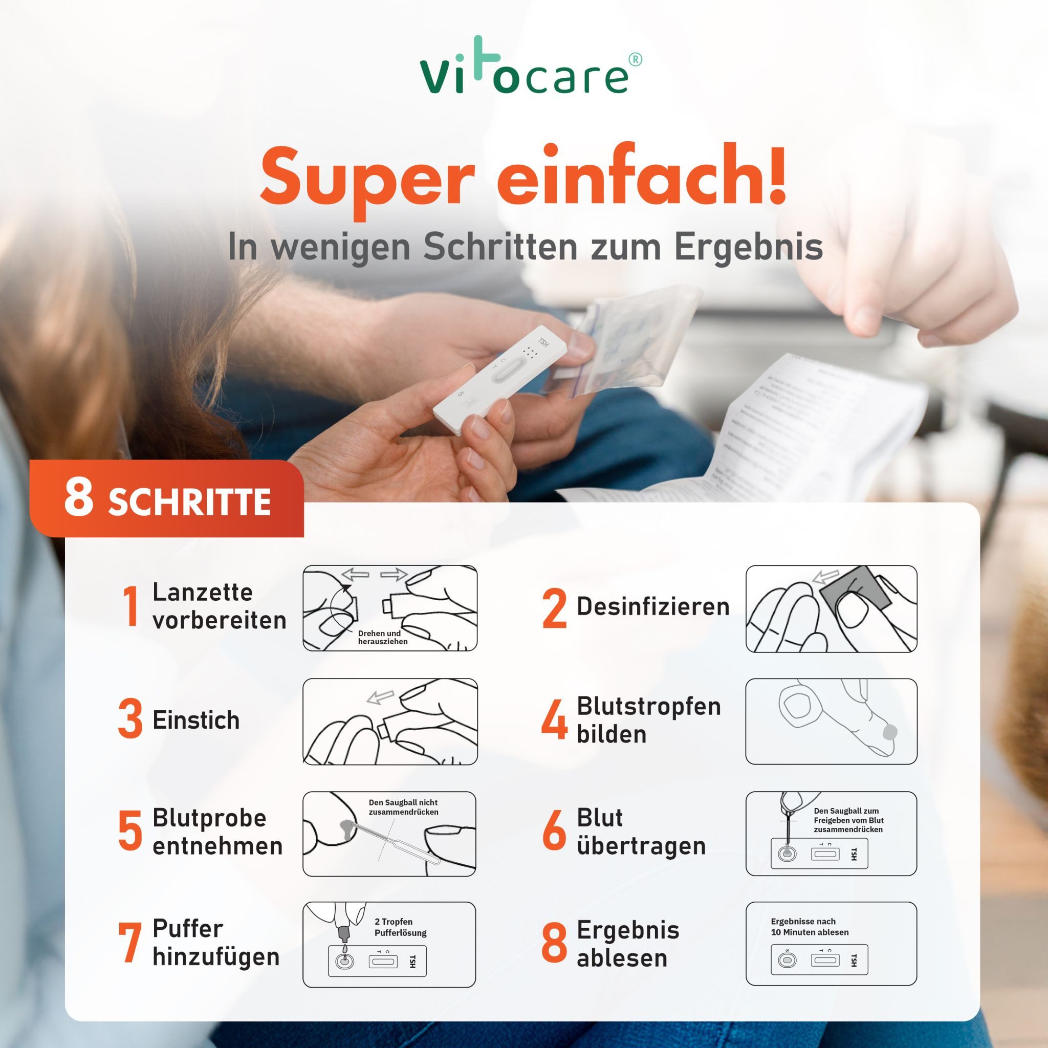 Vitocare Blutzucker-Teststreifen Vitocare TSH-Test 2x – Schilddrüsen-Vorsorge Selbsttest für Zuhause