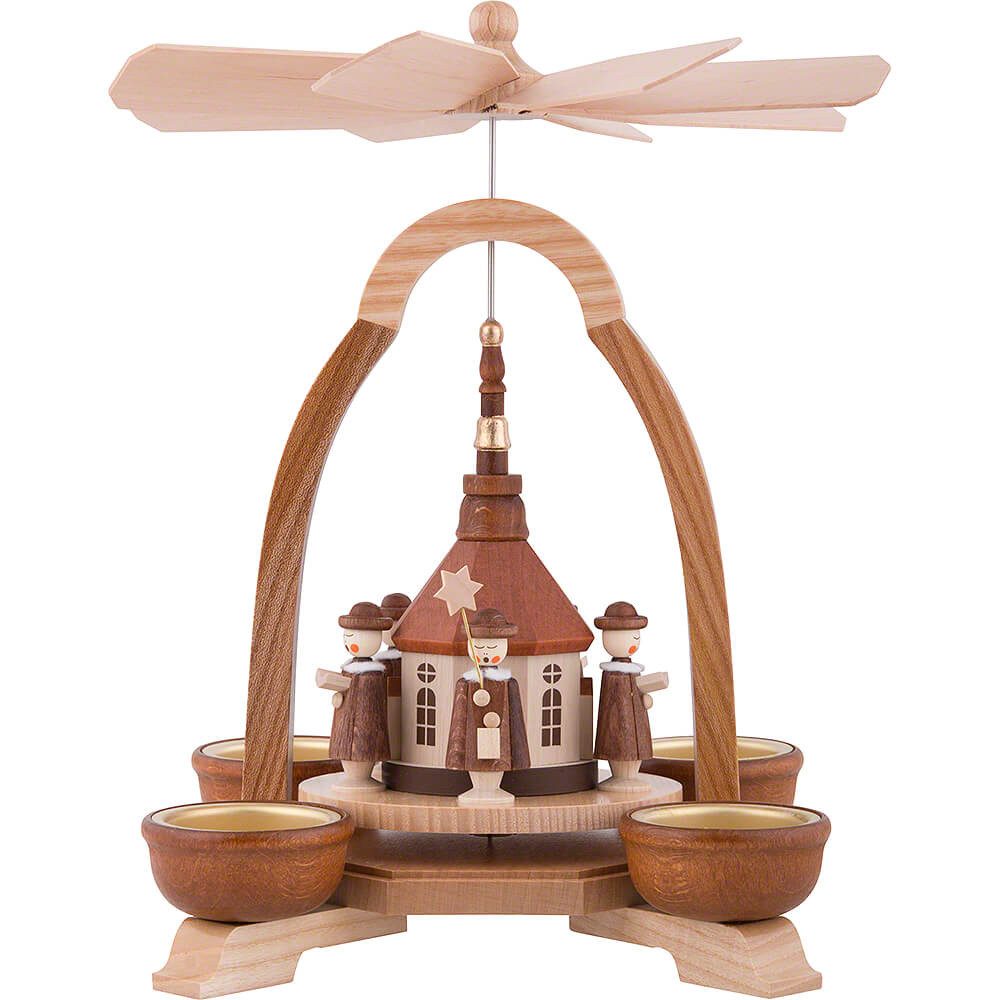 Dregeno Erzgebirge Weihnachtspyramide 1-stöckige Pyramide mit Seiffener Kirche und Kurrende (25cm) von Drege