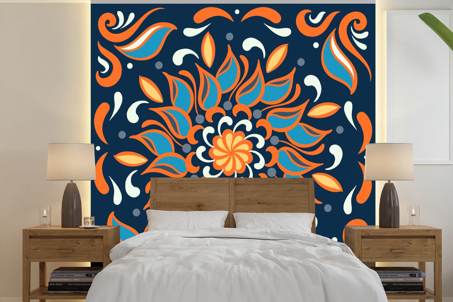 MuchoWow Fototapete Sonnenblume - Blau - Orange - Quadratisch, Matt, bedruckt, (5 St), Vinyl Tapete für Wohnzimmer oder Schlafzimmer, Wandtapete