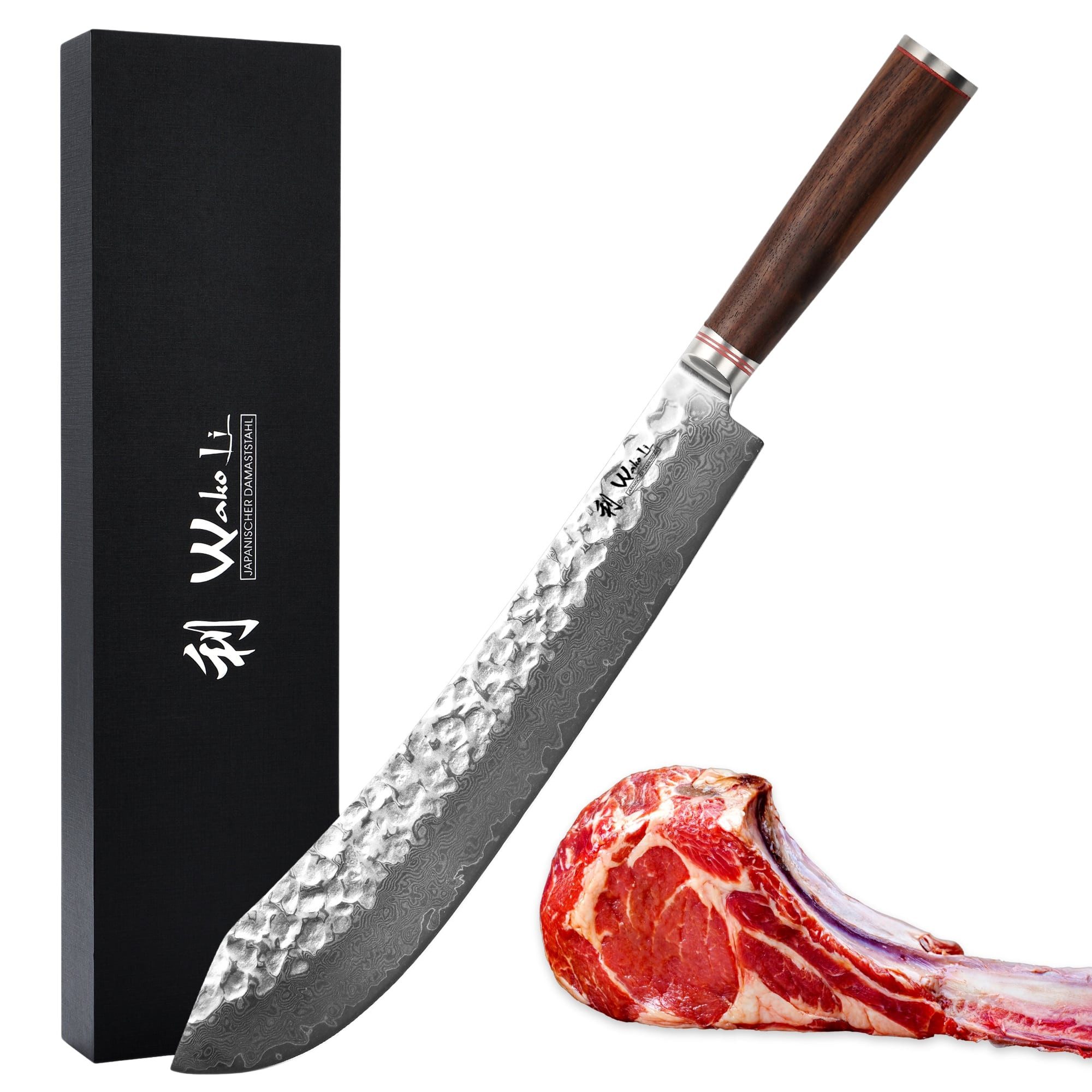 Wakoli Fleischmesser Nussbaum Damast BBQ Blockmesser I 35 cm Klinge Küchenmesser Kochmesser, aus 67 Lagen Damaststahl, VG10 Kern