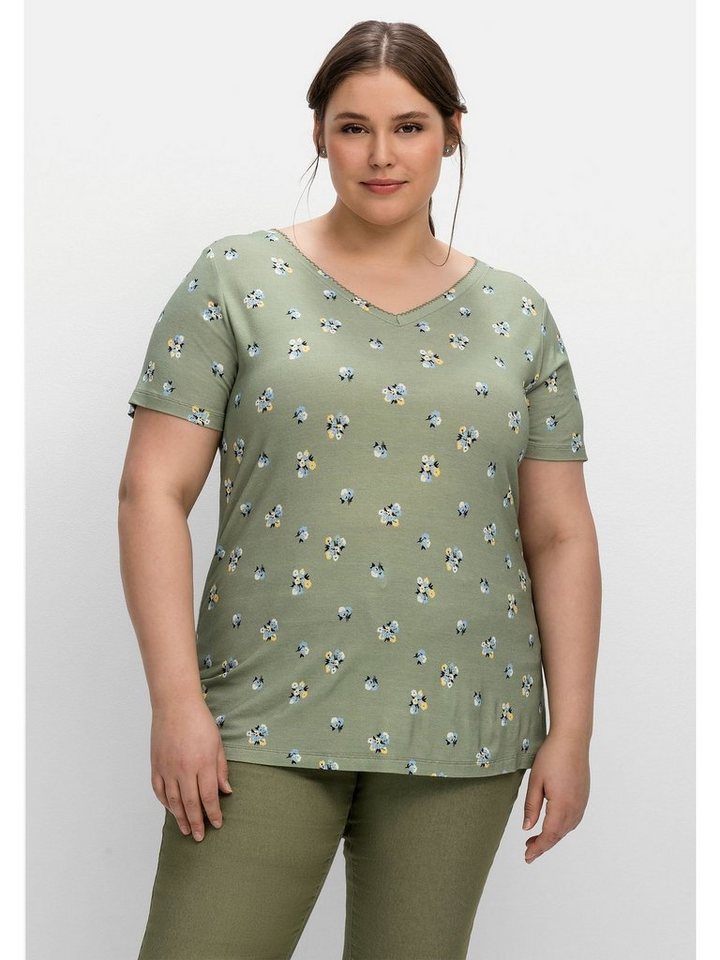 Sheego T-Shirt Große Größen mit Allover-Blümchendruck und V-Ausschnitt