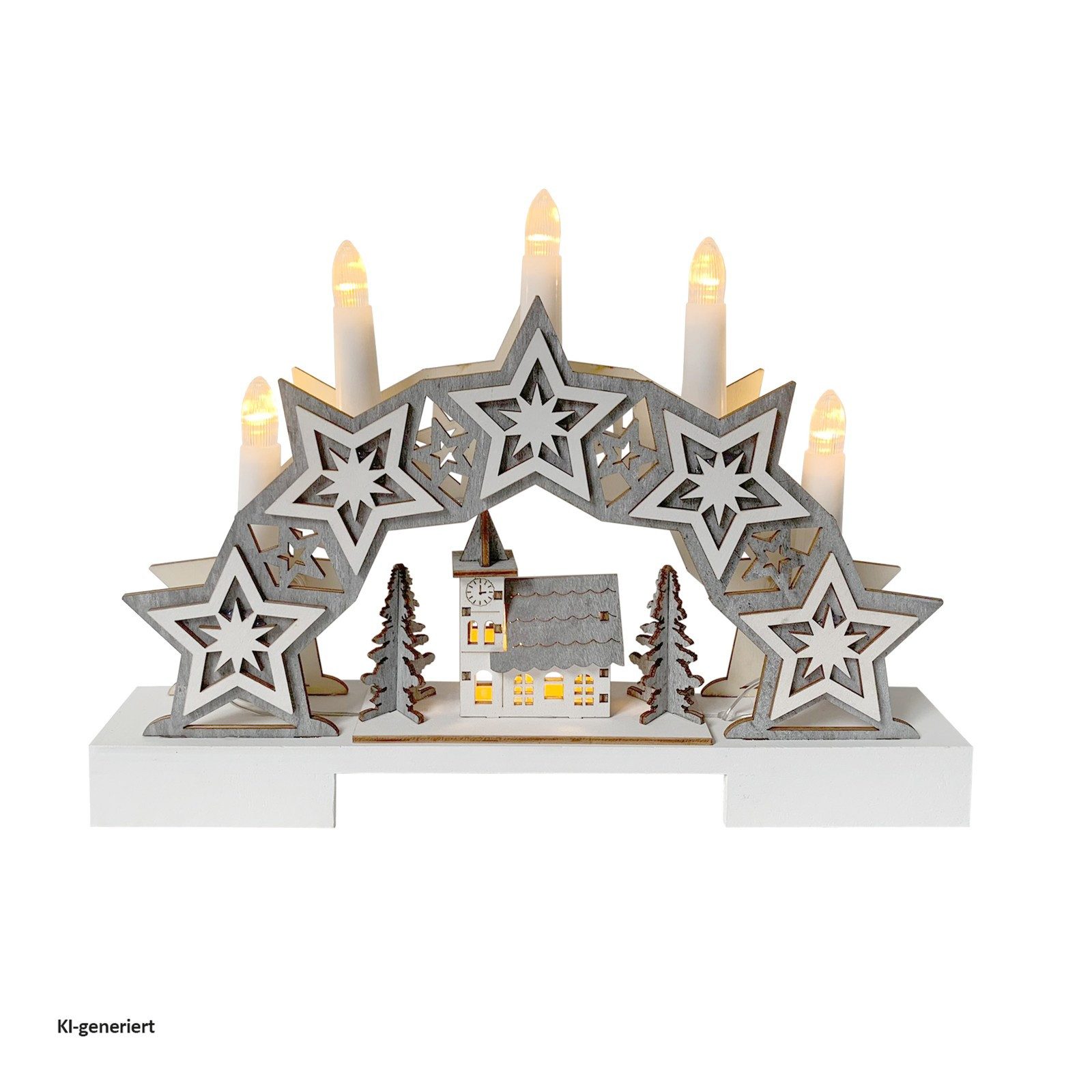 HTI-Living Schwibbogen Schwibbogen Sterne und Kirche Weiß Grau (1-tlg), Lichterbogen Weihnachtsdeko batteriebetrieben