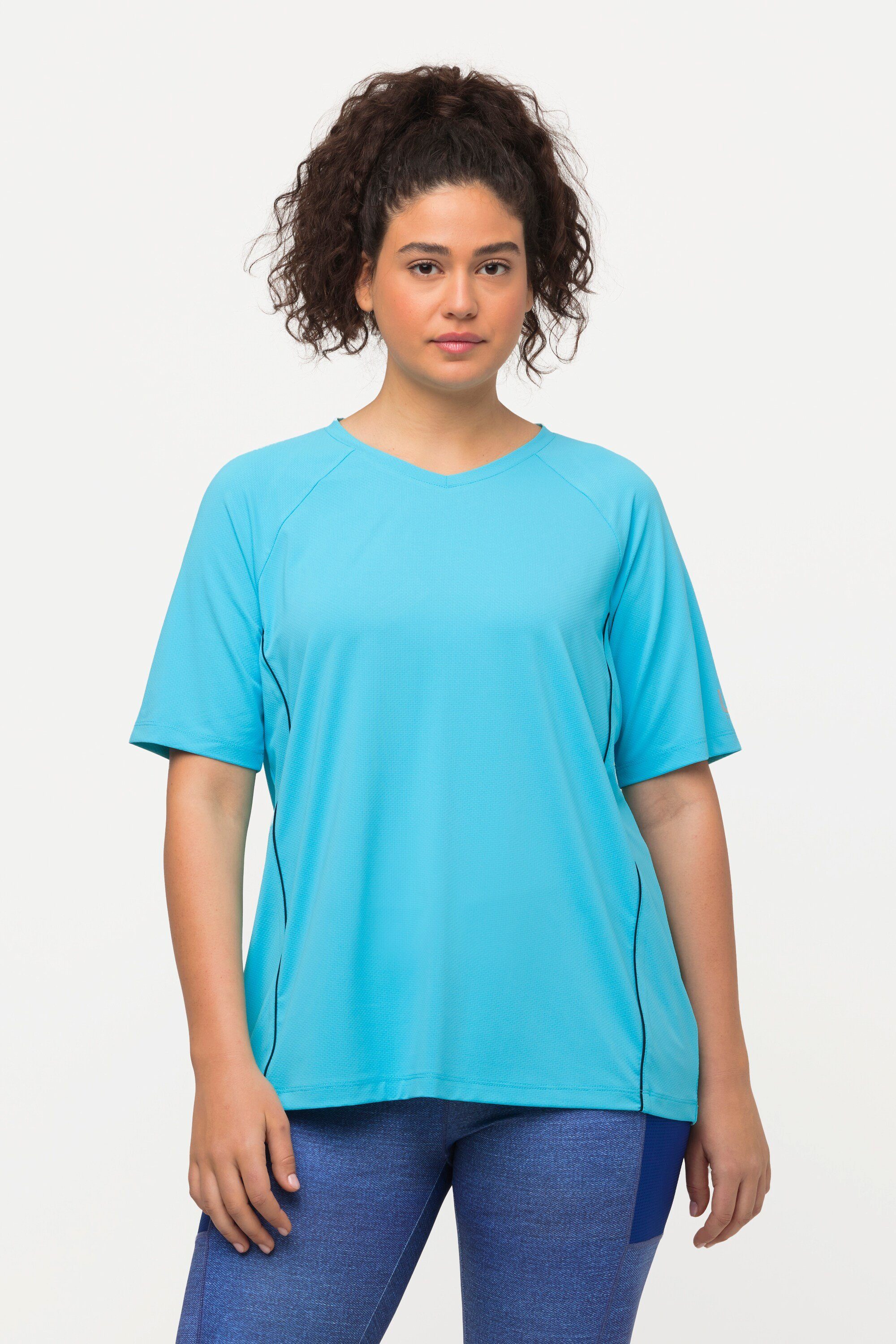 Ulla Popken Rundhalsshirt T-Shirt UV-Schutz 50+ V-Ausschnitt Halbarm helles türkis | V-Shirts