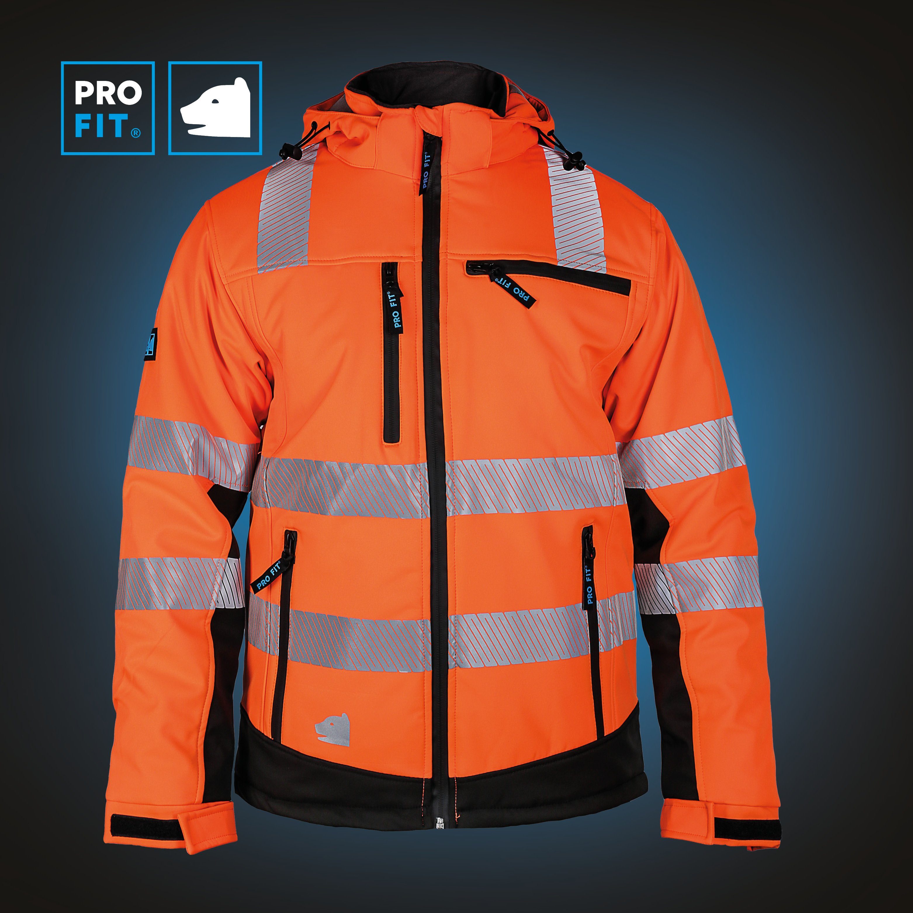 Stück) & FIT Warnschutz-Softshelljacke (1, PRO Fitzner Arbeitsjacke Winter Neonorange/Schwarz Wind- Reflektionsstreifen, by Steppfutter, Wasserabweisend, Atmungsaktiv