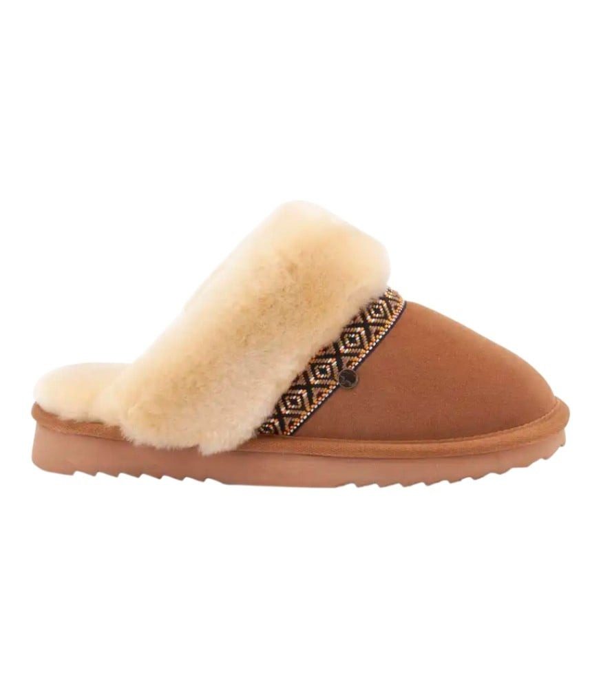 WARMBAT Pantoffel Flurry Suede Tape mit Merino Schaffell cognac braun Damen Hausschuh