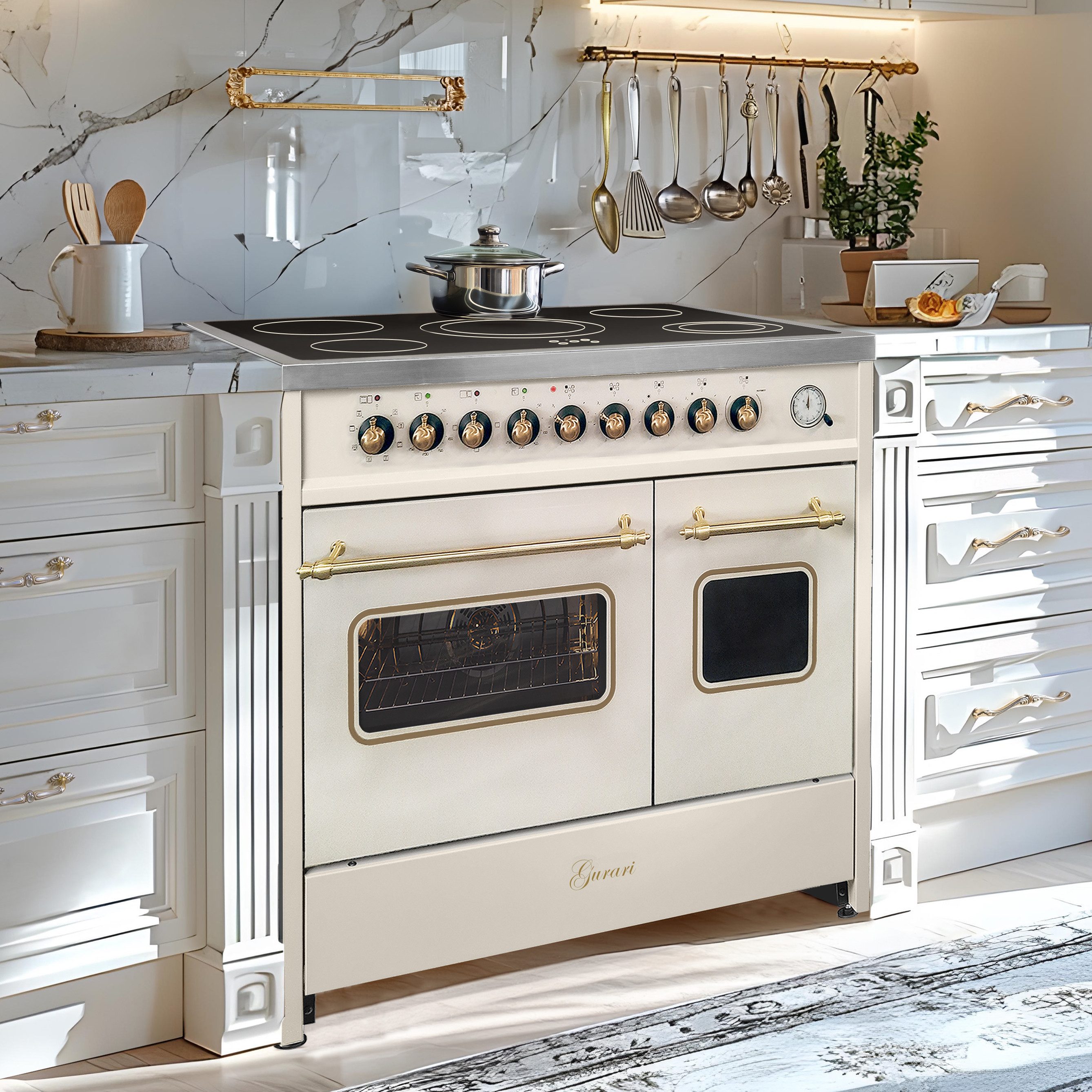 GURARI Elektro-Standherd 90 cm Retro Herd Freistehend, Multi 8 Doppelbackofen GCH E 912 DF Cr r., mit 1-fach-Teleskopauszug, Easy-Clean Emaille, Creme Range Cooker mit Glaskeramik Kochfeld, 5 Hi-Light Zonen
