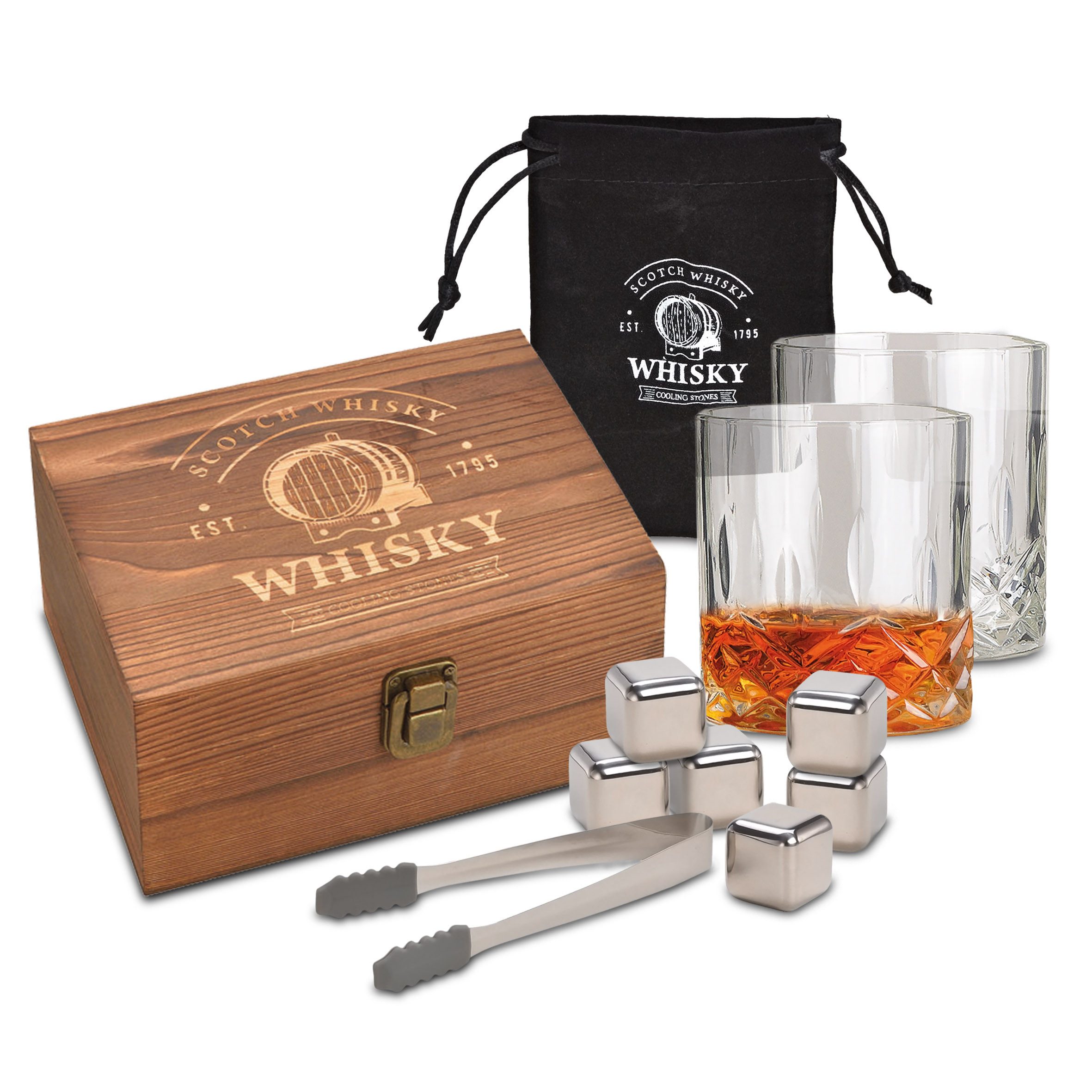 Eiswürfel-Steine Edelstahl Whisky Steine Geschenk Set in edler Holzbox - 10-teilig