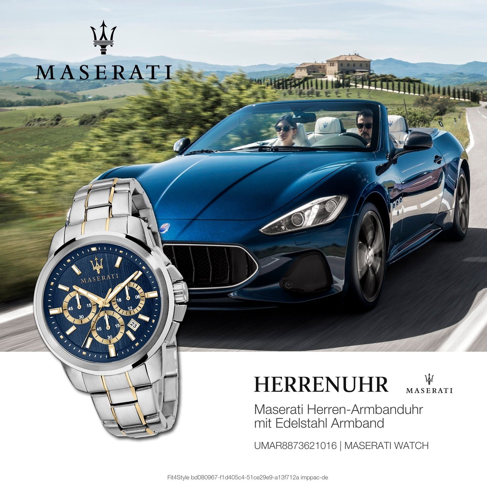 MASERATI Chronograph Maserati Herren Uhr Made-In Edelstahlarmband, (ca. Herrenuhr rund, bicolor, gold blau, Chronograph, 52x44mm) Italy groß