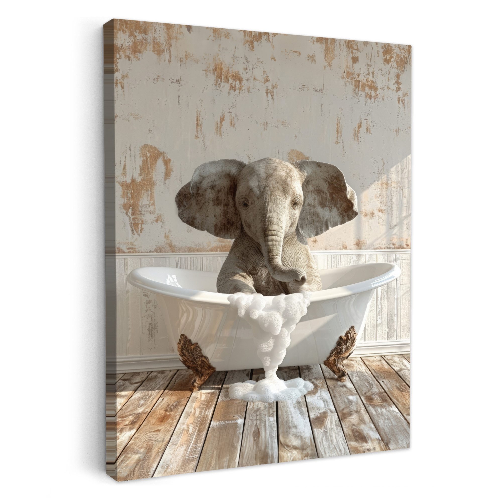 OneMillionCanvasses® Leinwandbild Vintage - Elefant - Badewanne - Schaumstoff - Wilde Tiere, Fotodruck (1 St), Badezimmer Deko, Bilder Bad, Gäste WC Wanddeko 30x40 cm