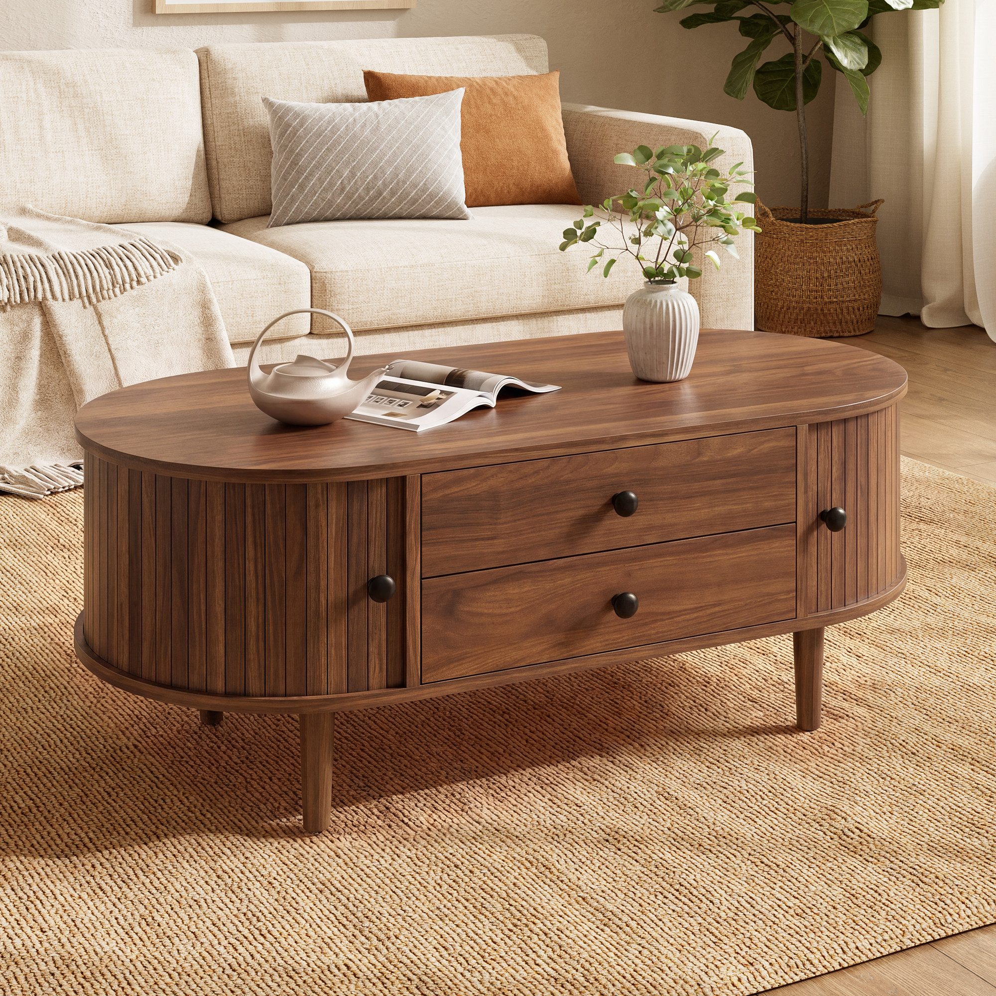 Merax Couchtisch Oval Sofatisch mit vertikalen Leisten in Holzoptik (1-St., 100x50x40 cm), Wohnzimmertisch mit Schiebetüren, 2 Schubladen & Stauraum