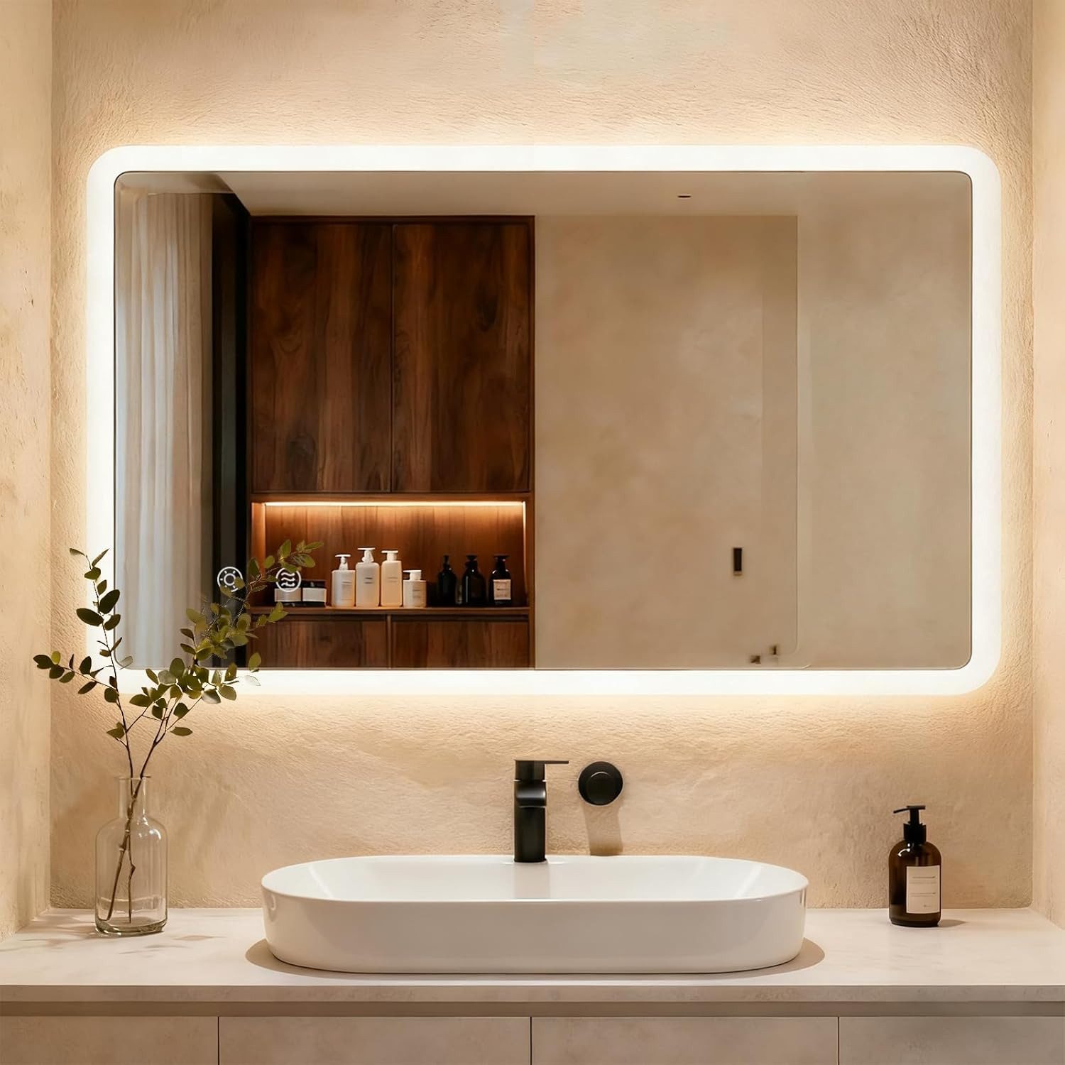 TLGREEN Badspiegel mit Beleuchtung,LED Spiegel mit 3 Lichtfarben dimmbar, (gehärtetes Glas und mattierter Rand, Touch-Schalter, Memory-Funktion, beschlagfrei, Badezimmerspiegel mit Licht)