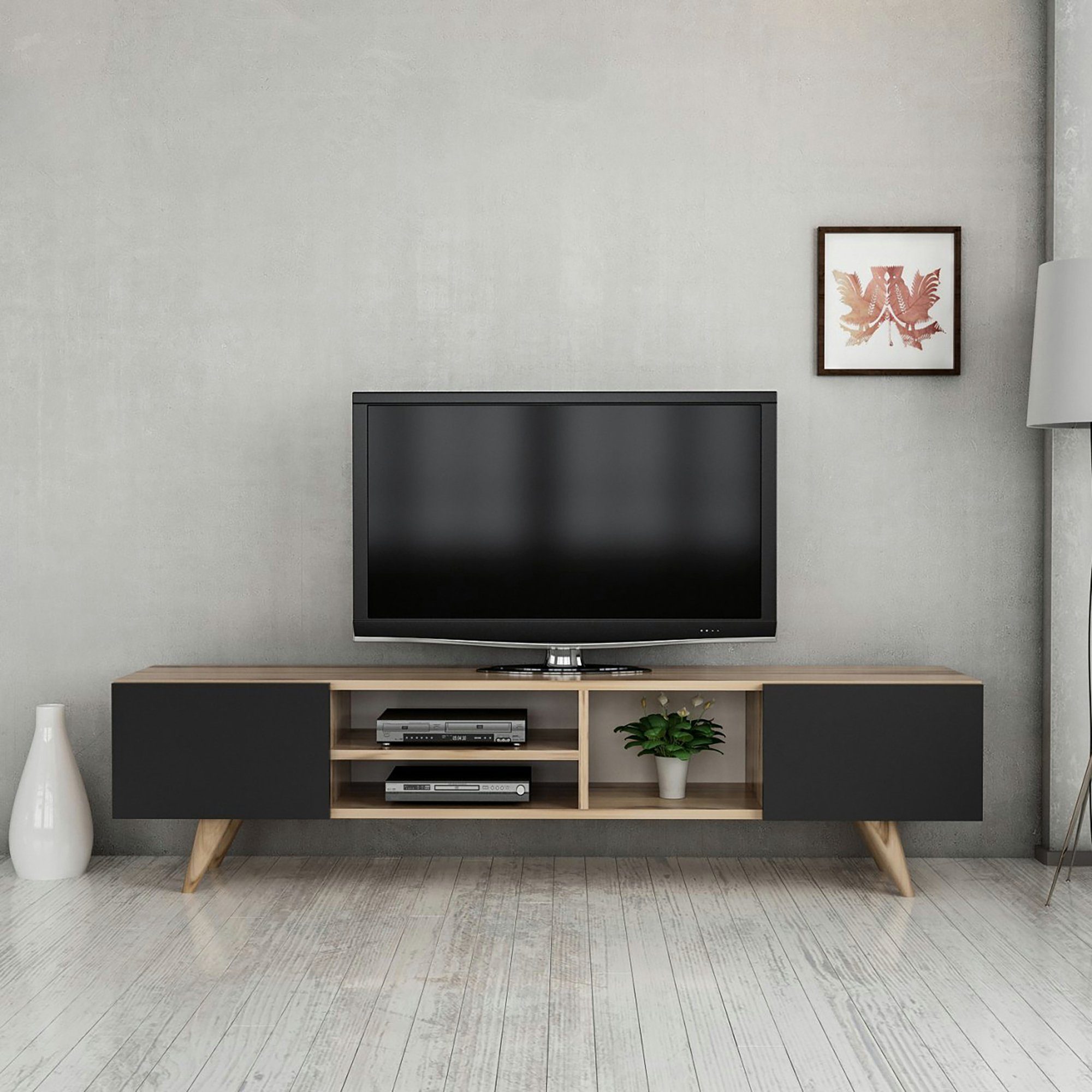 Eiche en.casa | 40x160x31cm TV-Schrank Klapptüren mit TV Bank »Assens« Eiche 2 Schwarz Eiche/Schwarz /