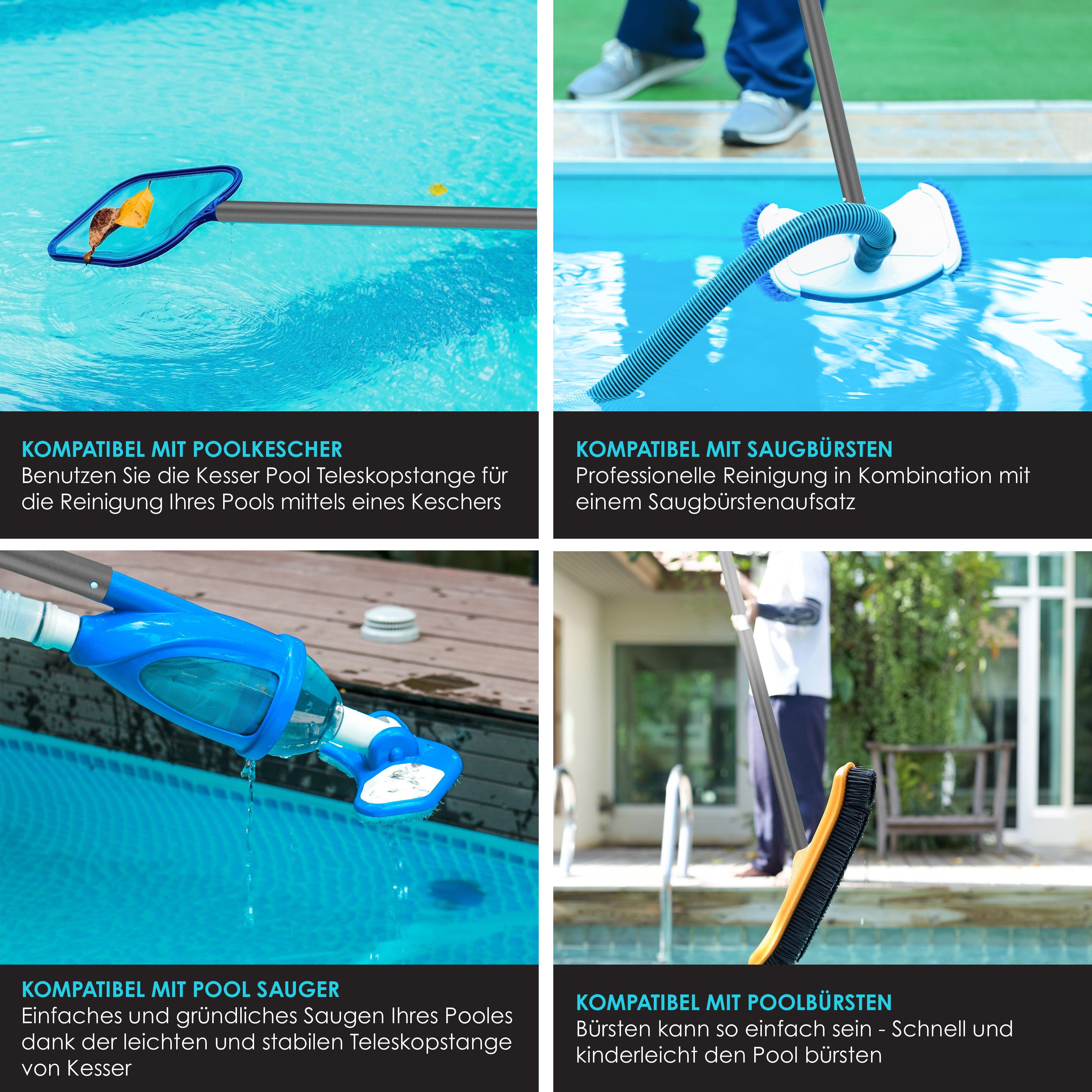 KESSER Teleskopstiel aus Aluminium Teleskopstange zur Poolreinigung von 1,2m bis max. 3,6m, Stange zur Poolpflege ideal für Poolkescher, Poolbürste & Pool Zubehör