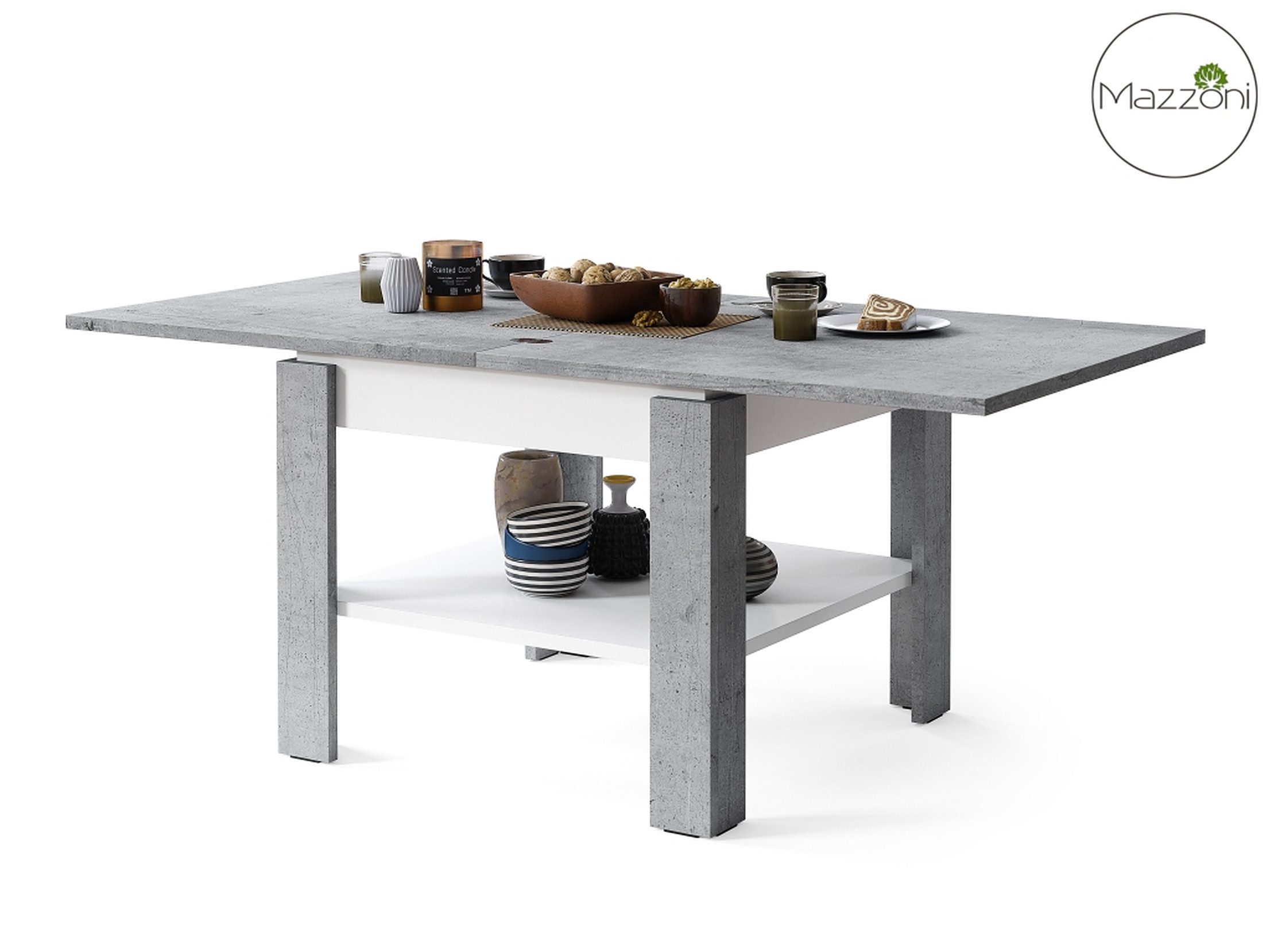 Mazzoni Couchtisch Design Tisch Leo Beton - Weiß matt aufklappbar 65 - 130cm Esstisch