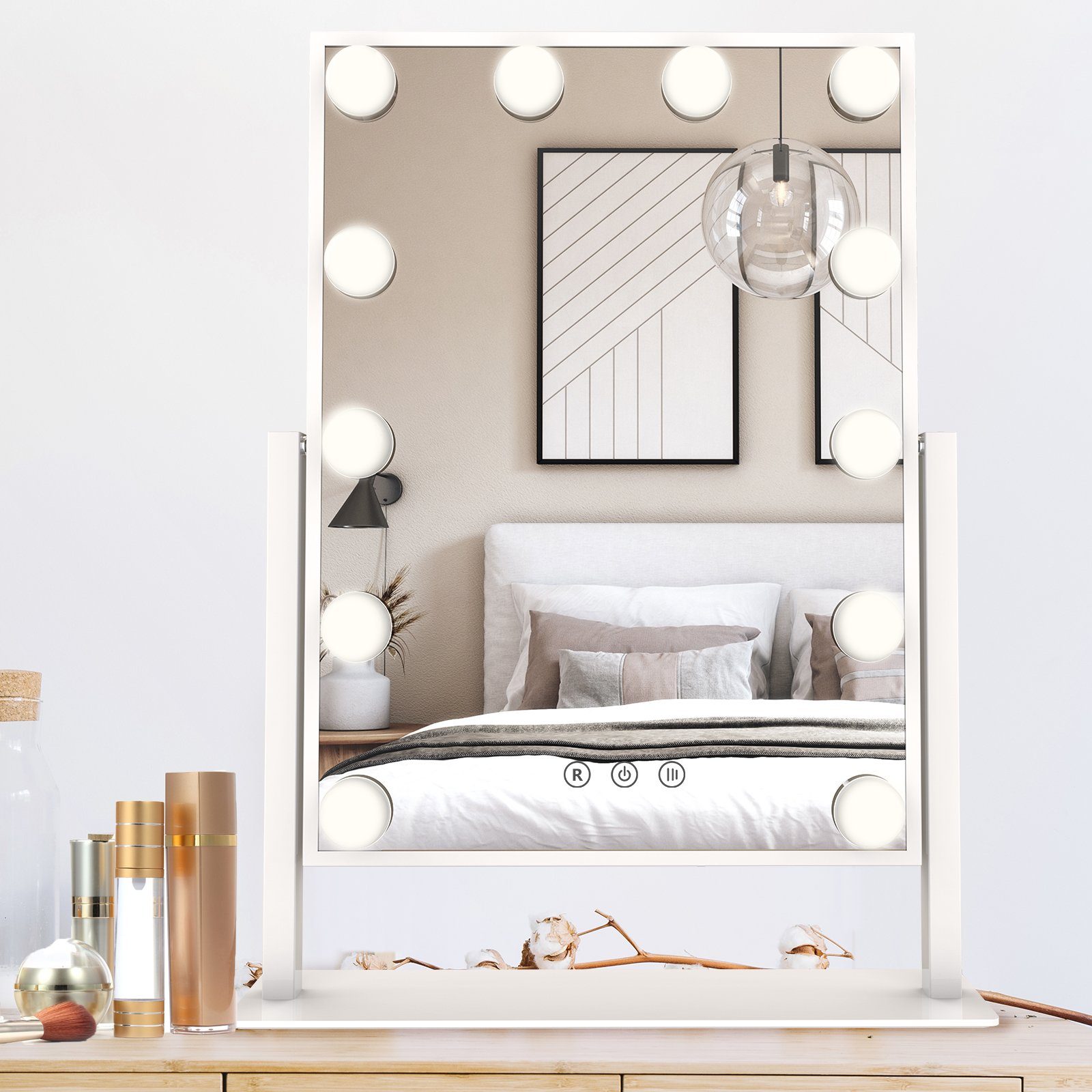 Aoucheni Schminkspiegel Kosmetikspiegel mit 12 LED-Lampen (Kosmetikspiegel mit EU-Stecker), 3 Farblichter, Smart Touch, 360-Grad-Drehung Weiß