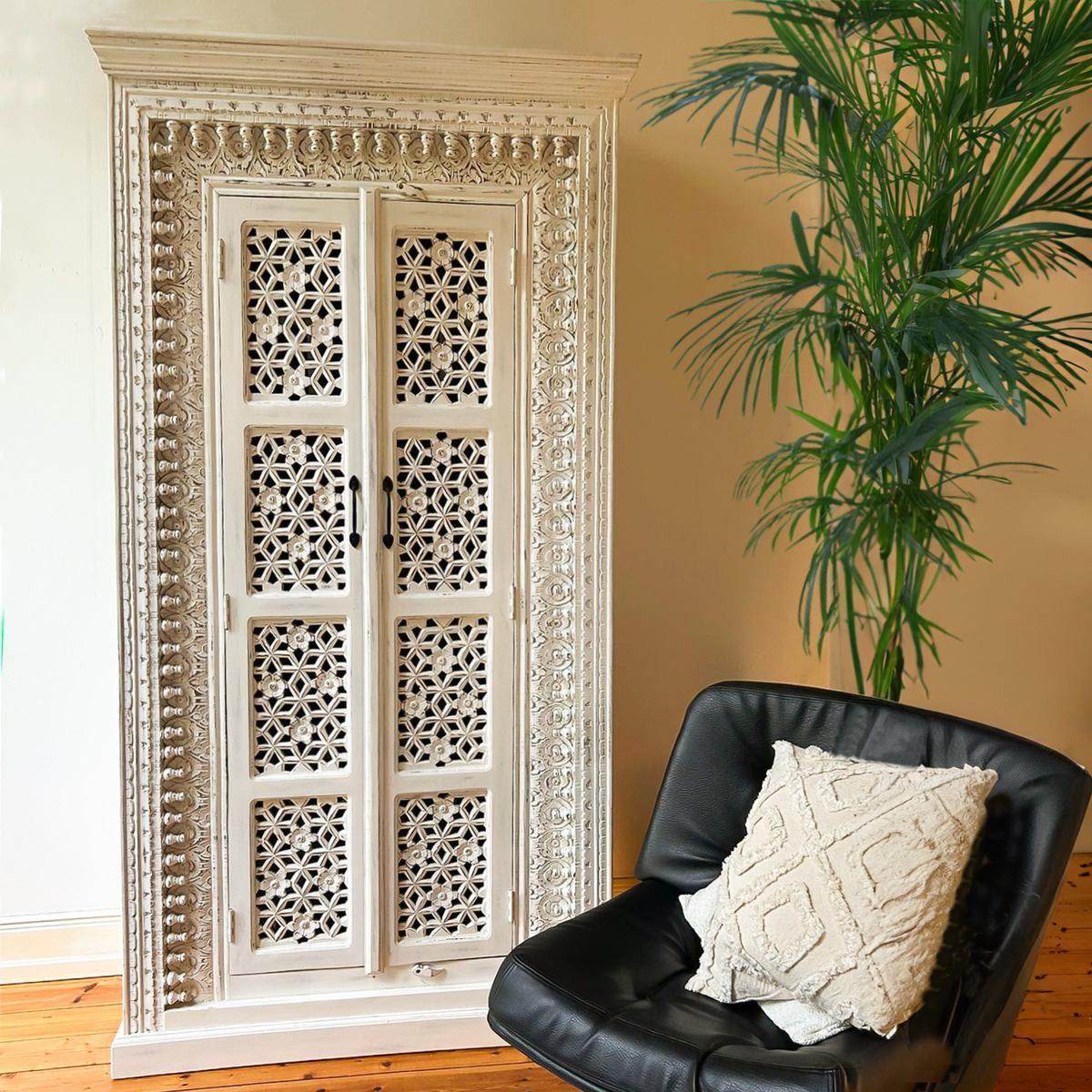 Oriental Galerie Mehrzweckschrank Weiß Whitewash Schrank Amba Indien 190 cm Schrank, Wohnzimmer, Schlafzimmerschrank weiß Landhaus