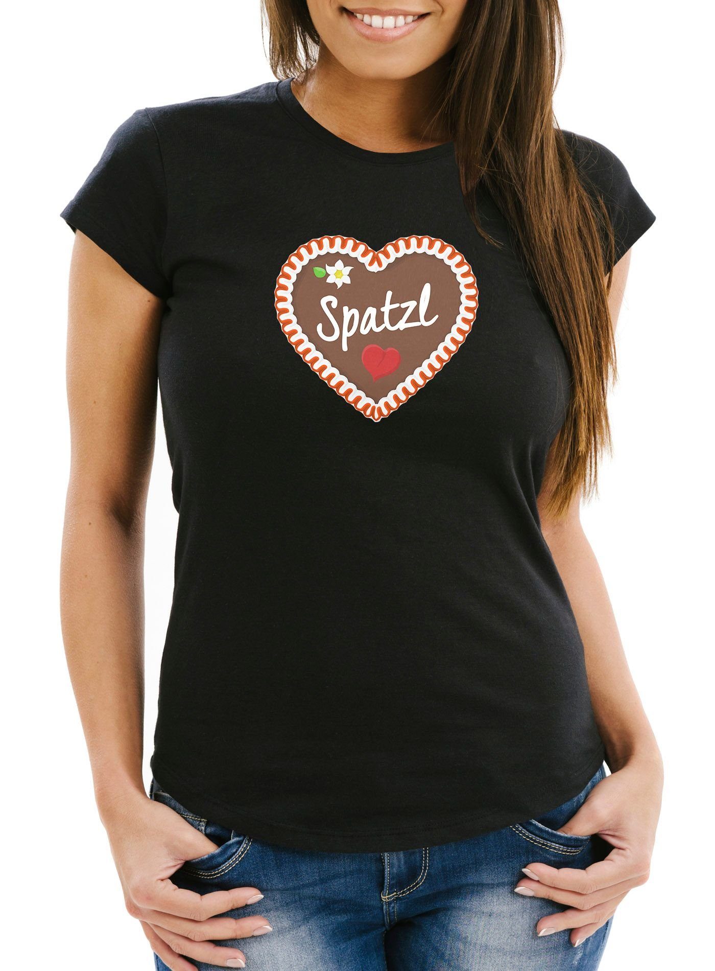 Herz Frauen di MoonWorks Slim mog T-Shirt mit Moonworks® Madl Spatzl Wiesn Damen I Spatzl Fit Print-Shirt schwarz Print Lebkuchen