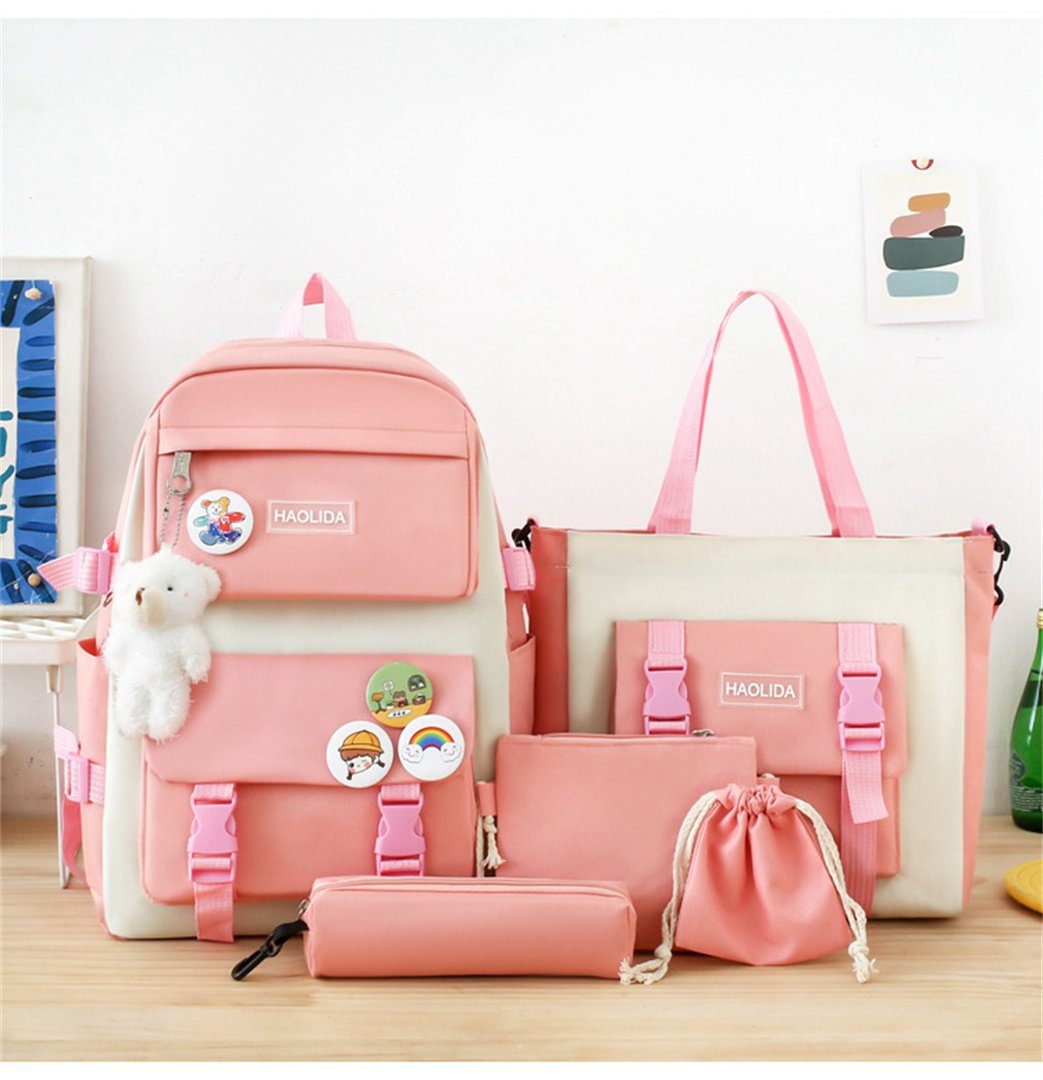 L.Ru UG Daypack Rucksack-Set, Rucksack-Set Anhänger, Collegetasche Federmäppchen, Set mit Schultaschen, Rosa mit süßes Rucksack Lunchtasche ästhetische Geldbörse Fassungsvermögen), großem (Fünfteiliges Handtasche, mit 5-teilig