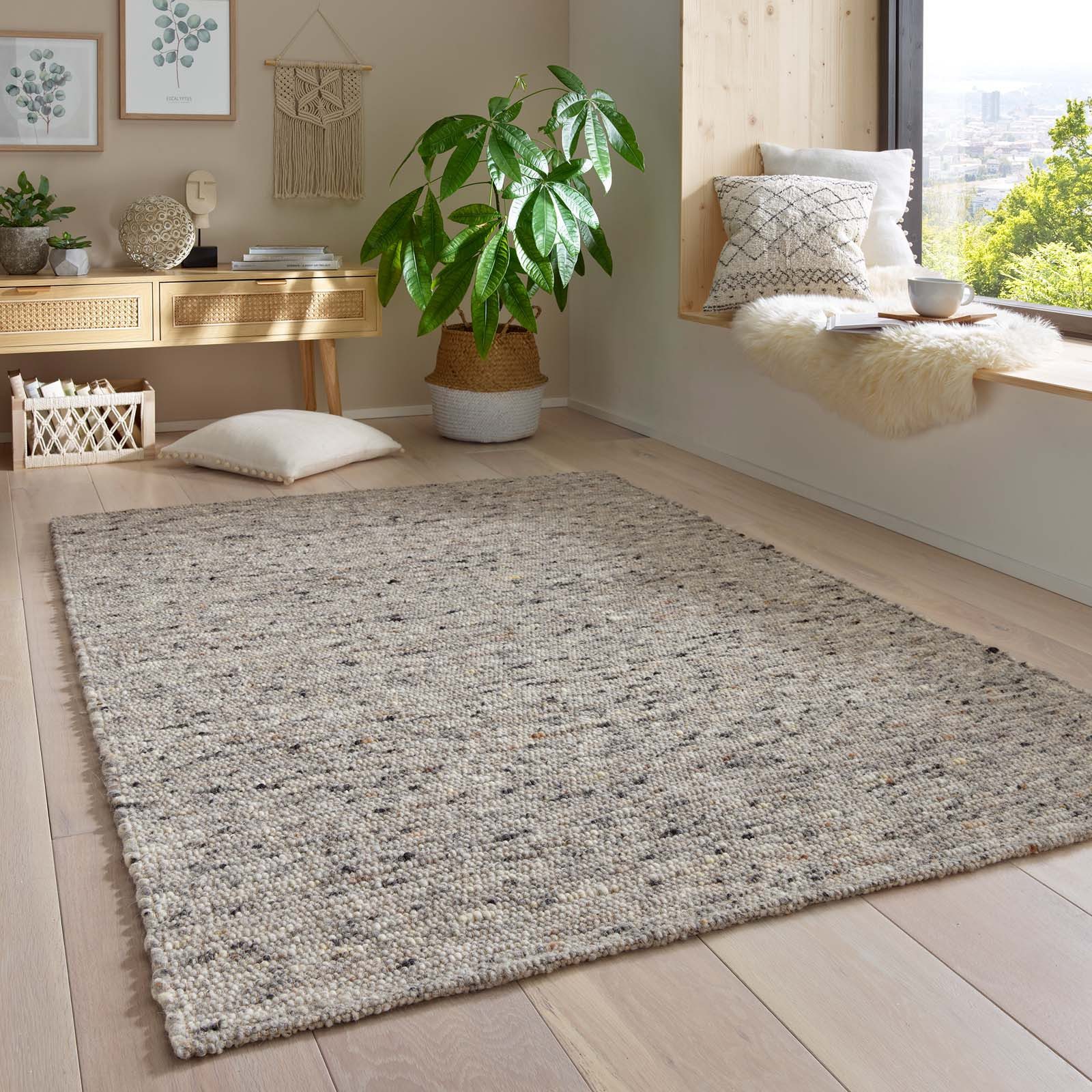 TaraCarpet Wollteppich TaraCarpet Lambrecht, rechteckig, Höhe: 13 mm, Hand-Web-Teppich grau gewalkt Wohnzimmer Esszimmer 070x130 cm