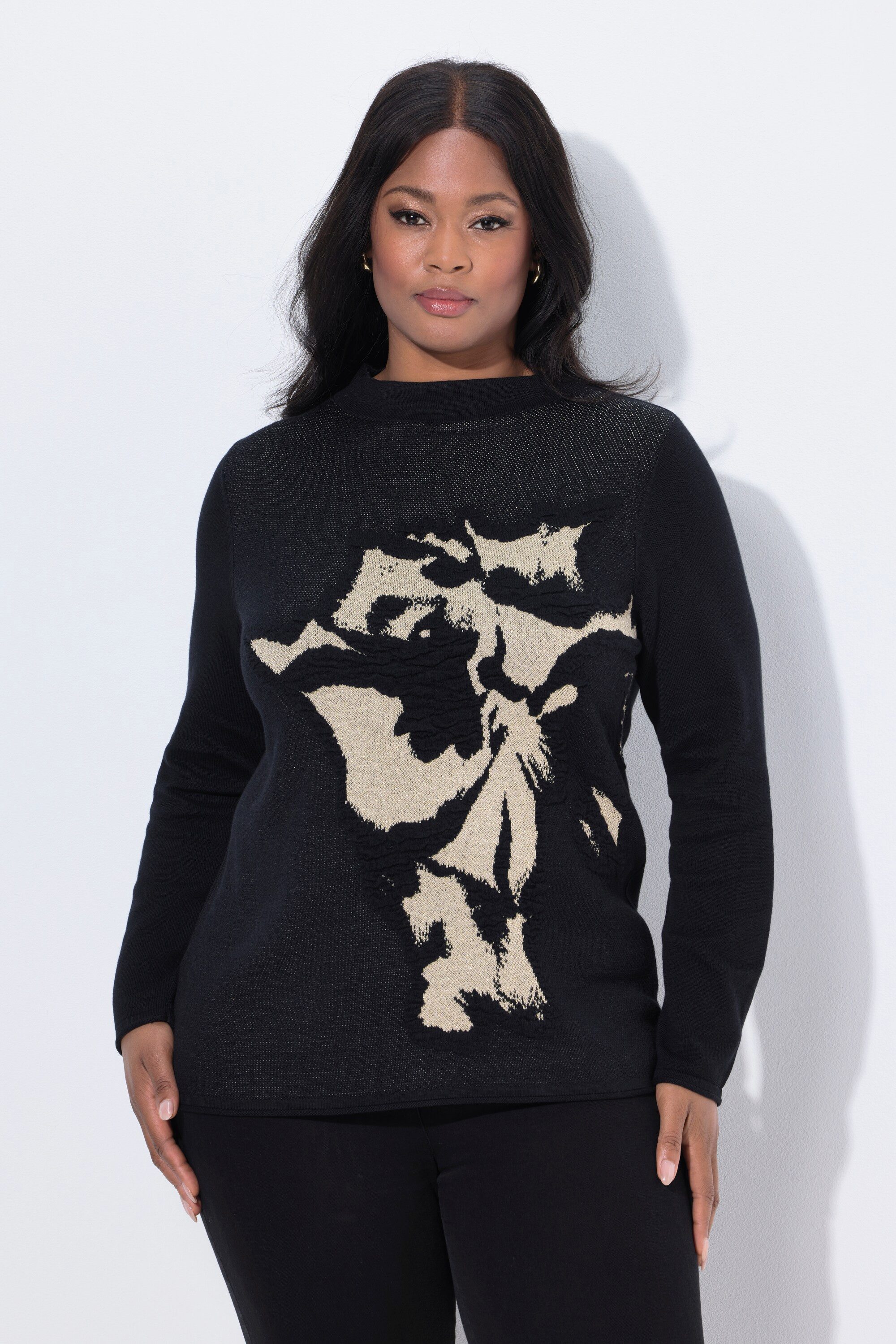 Ulla Popken Strickpullover Pullover Blüten Glitter Stehkragen Langarm günstig online kaufen