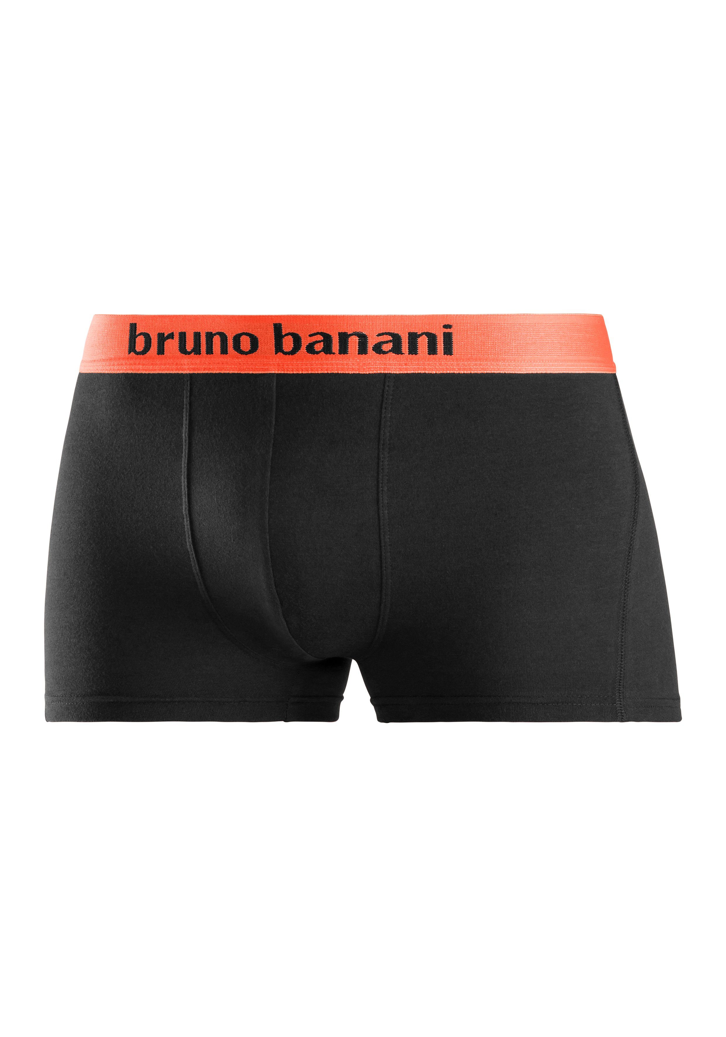 Boxer 4-St) schwarz-orange, Bruno Banani schwarz-gelb, schwarz-türkis, am Bündchen farbigen mit Marken-Schriftzug (Packung, schwarz-lila