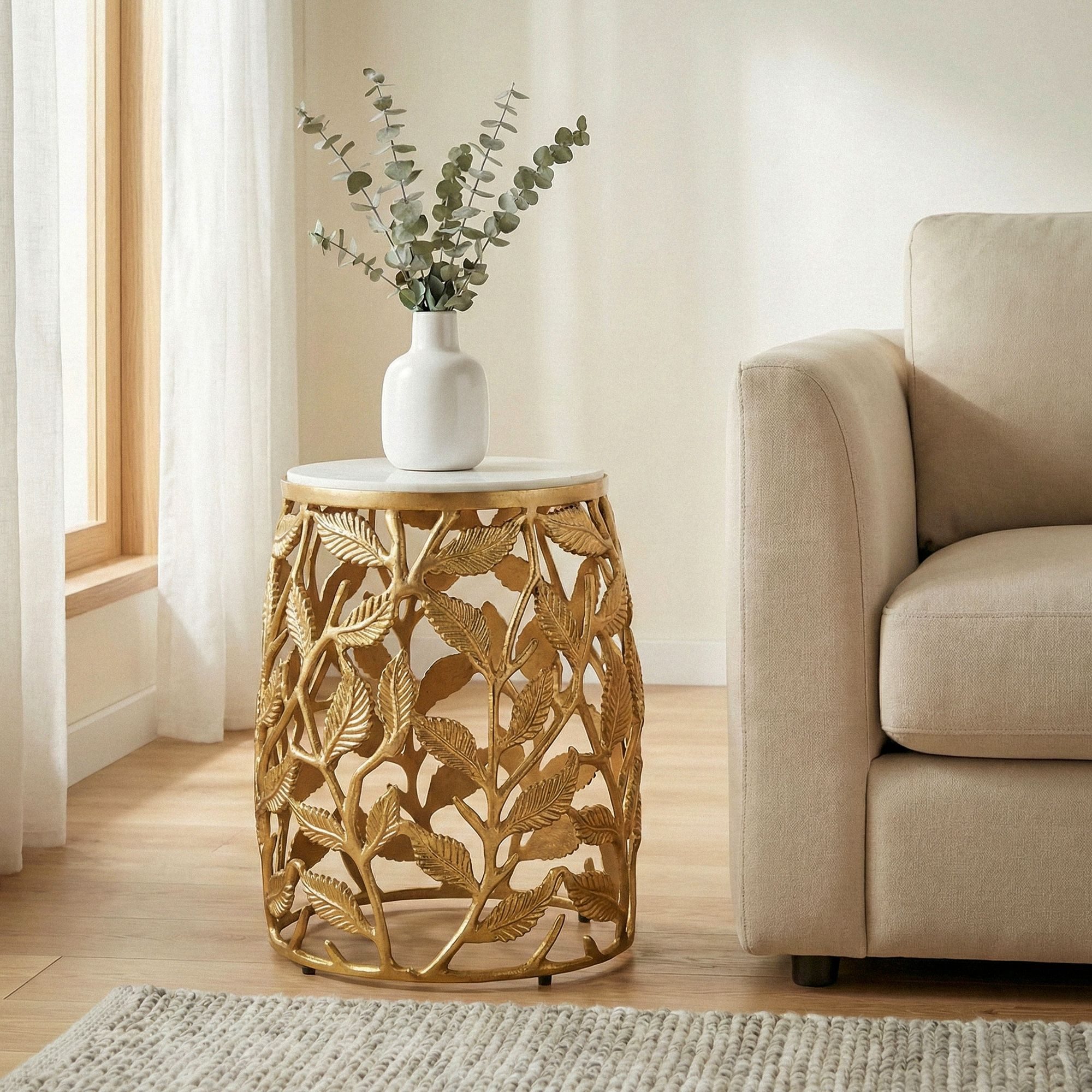 FINEBUY Beistelltisch FB73717 40cm Gold Marmor Sofatisch Couchtisch Wohnzimmertisch Alu (Runde Form für ein harmonisches Wohngefühl), Stilvoller Tisch mit natürlicher Ausstrahlung