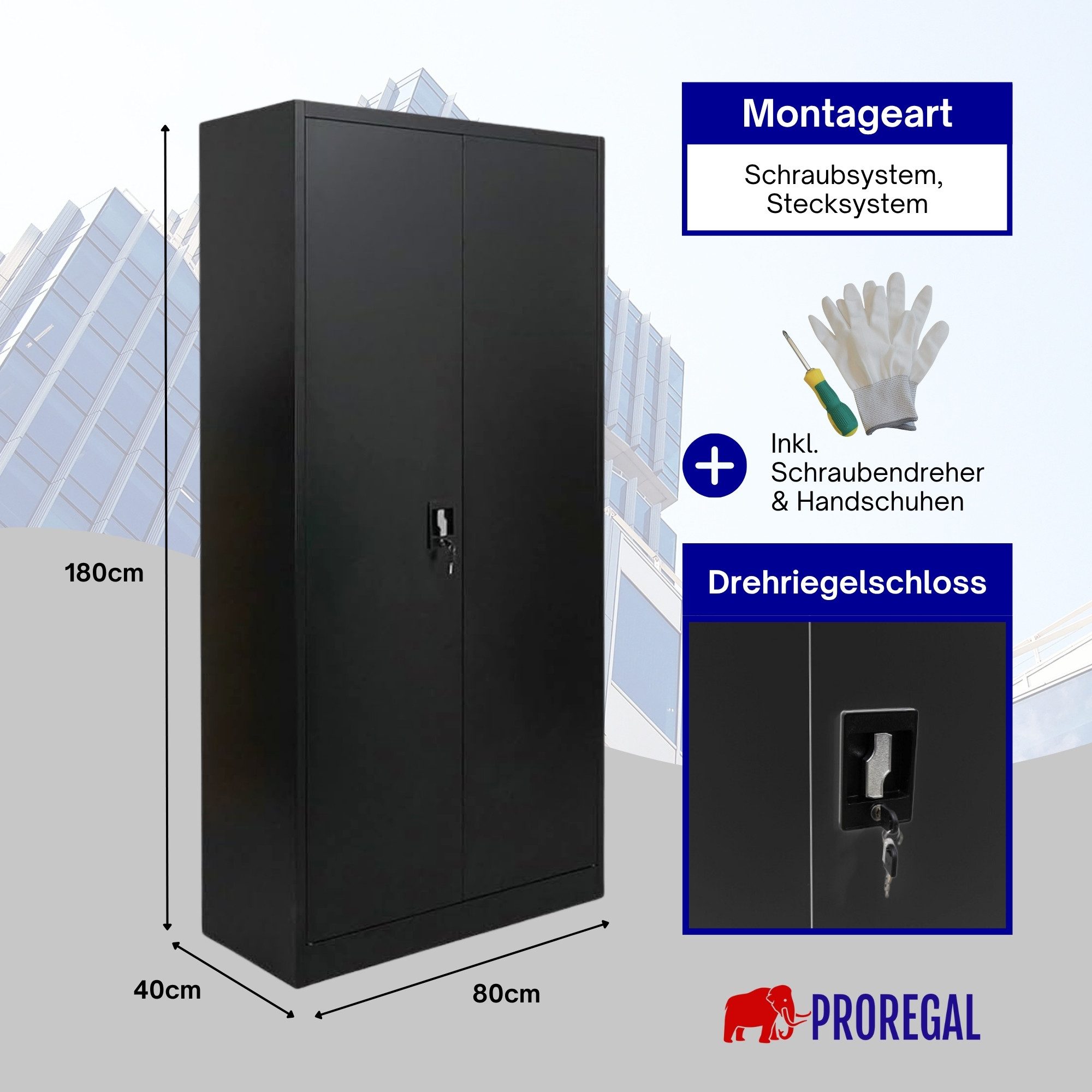 PROREGAL® Mehrzweckschrank Abschließbarer Flügeltürenschrank ELEPHANT mit 2 Türen Flügeltürenschrank Mehrzweckschrank Abschließbar aus Stahl – Bild 3 von 5