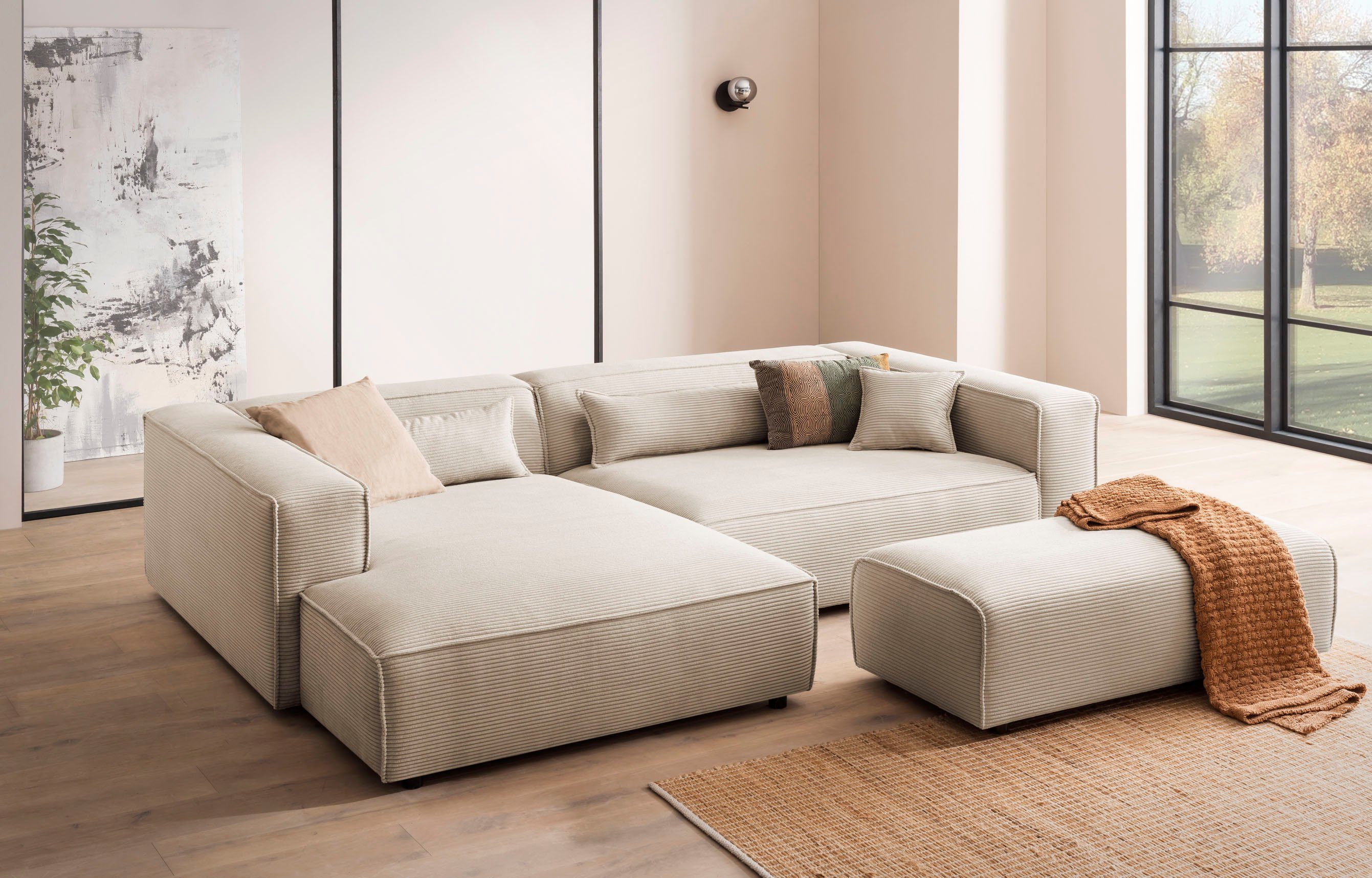 LeGer Home by Lena Gercke Ecksofa PIARA XXL, L-Form, Schlaffunktion, Cord, Leinenoptik o. Strukturstoff, Hocker stellbar zum Schlafsofa (Krokodilverbinder), tiefe Sitzfläche