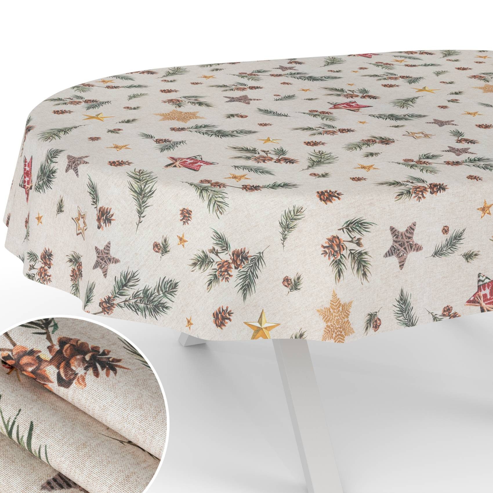 ANRO Tischdecke pflegeleicht Weihnachten Tischtuch Christmas Tannenzapfen Tischwäsche (Einzelstück 1-tlg), Schutz-Beschichtung wasserabweisend Oval 160x140cm