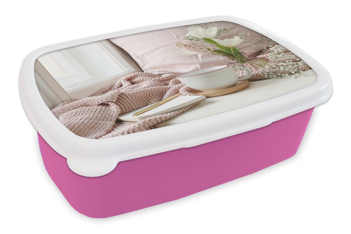 MuchoWow Lunchbox Stillleben - Frühling - Blumen, Kunststoff, (2-tlg), Brotbox für Erwachsene, Brotdose Kinder, Snackbox, Mädchen, Kunststoff rosa