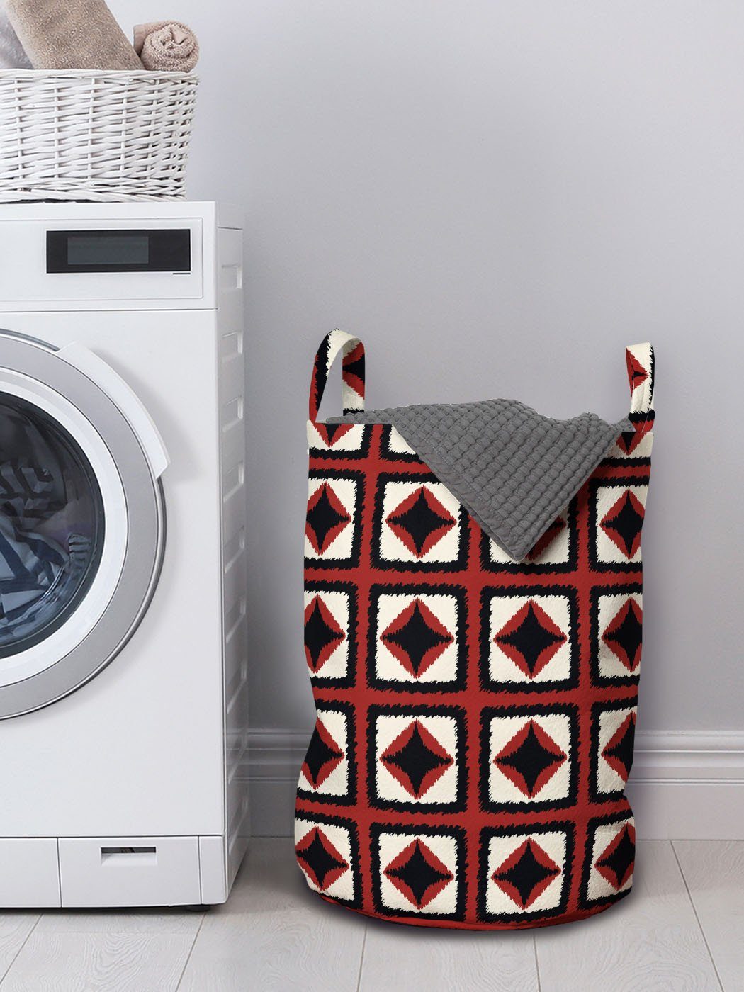 Waschsalons, Griffen Squares Geometrisch mit Kordelzugverschluss Wäschekorb Wäschesäckchen für Rasterstil Abakuhaus