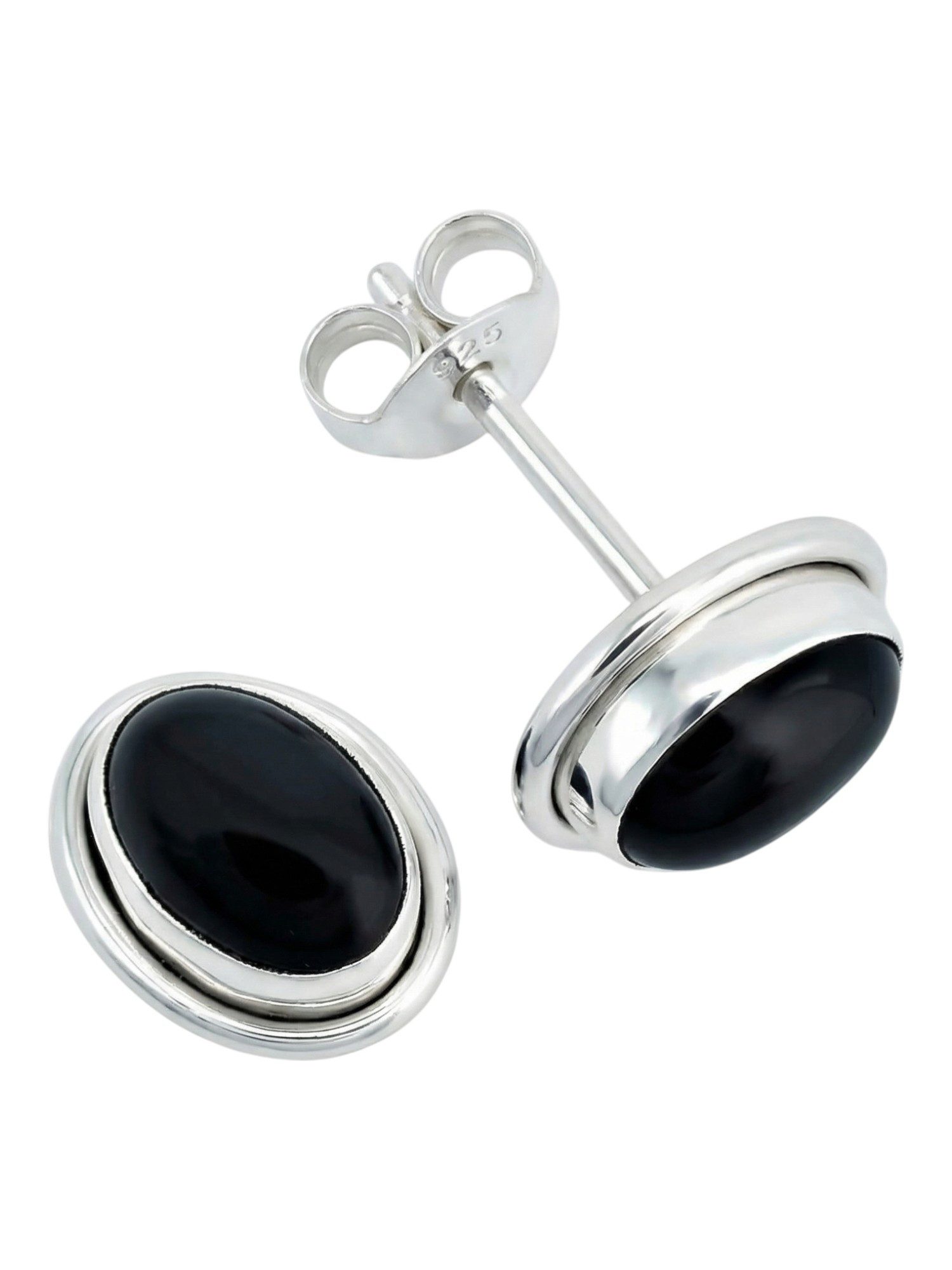 mantraroma Paar Ohrstecker SARALA oval klein aus 925 Silber mit Onyx (Paar, Paar Ohrringe mit Schmuckbeutel), 925 Sterling Silber Ohrringe für Damen