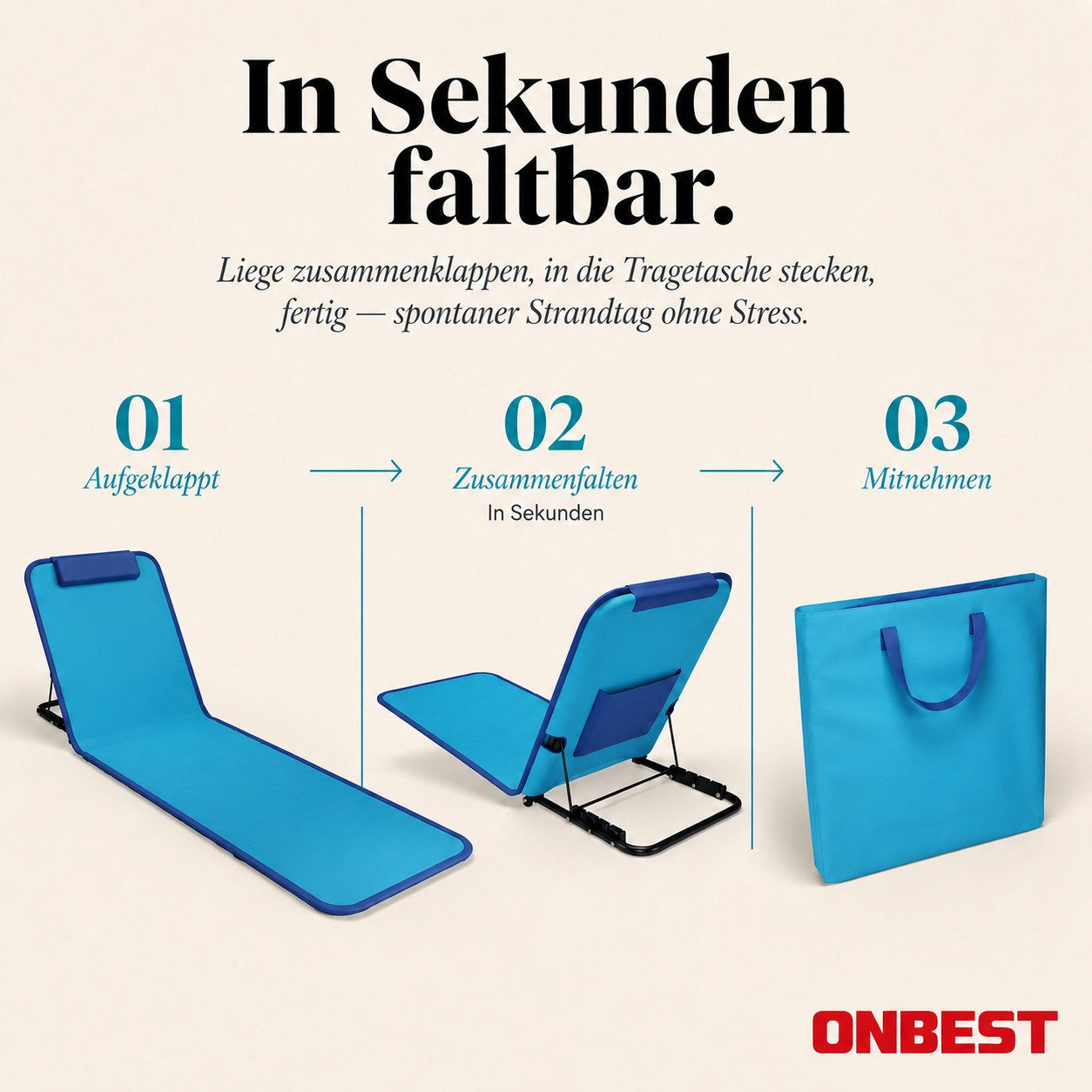 Onbest Campingliege Strandliege klappbar mit Nackenkissen Tragetasche, Stahlgestell, verstellbare Rückenlehne