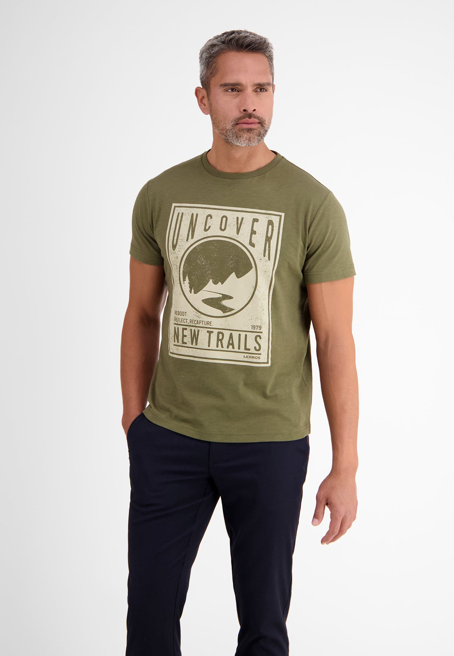 LERROS T-Shirt LERROS Print-T-Shirt *Uncover new trails* GREEN OLIV