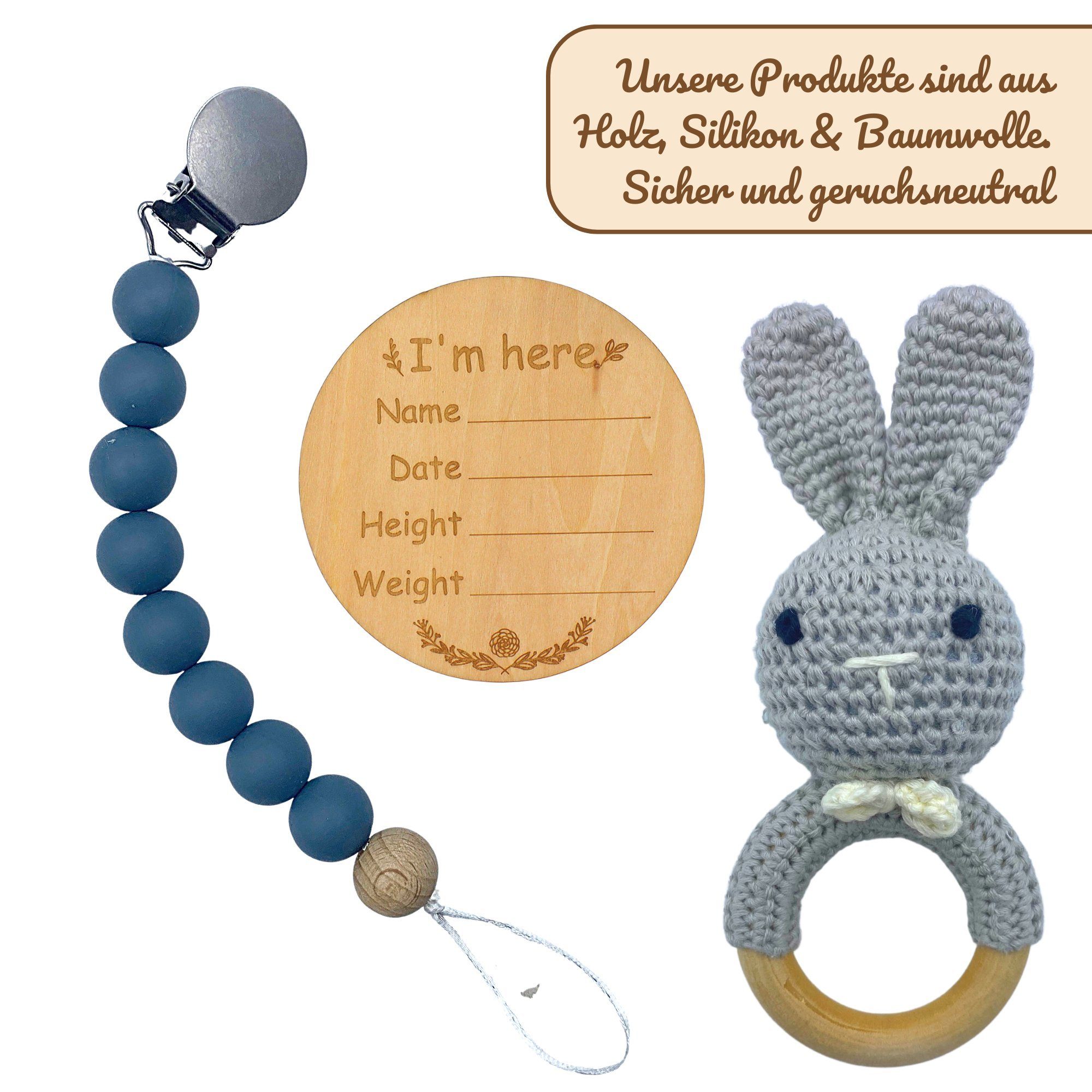 Angel's Baby Neugeborenen-Geschenkset Baby Geschenkset und niedlichem mit und (Set, 4 Grußkarte) Geschenkverpackung teilig Design Schnullerkette Blau in mit Schnuffeltuch