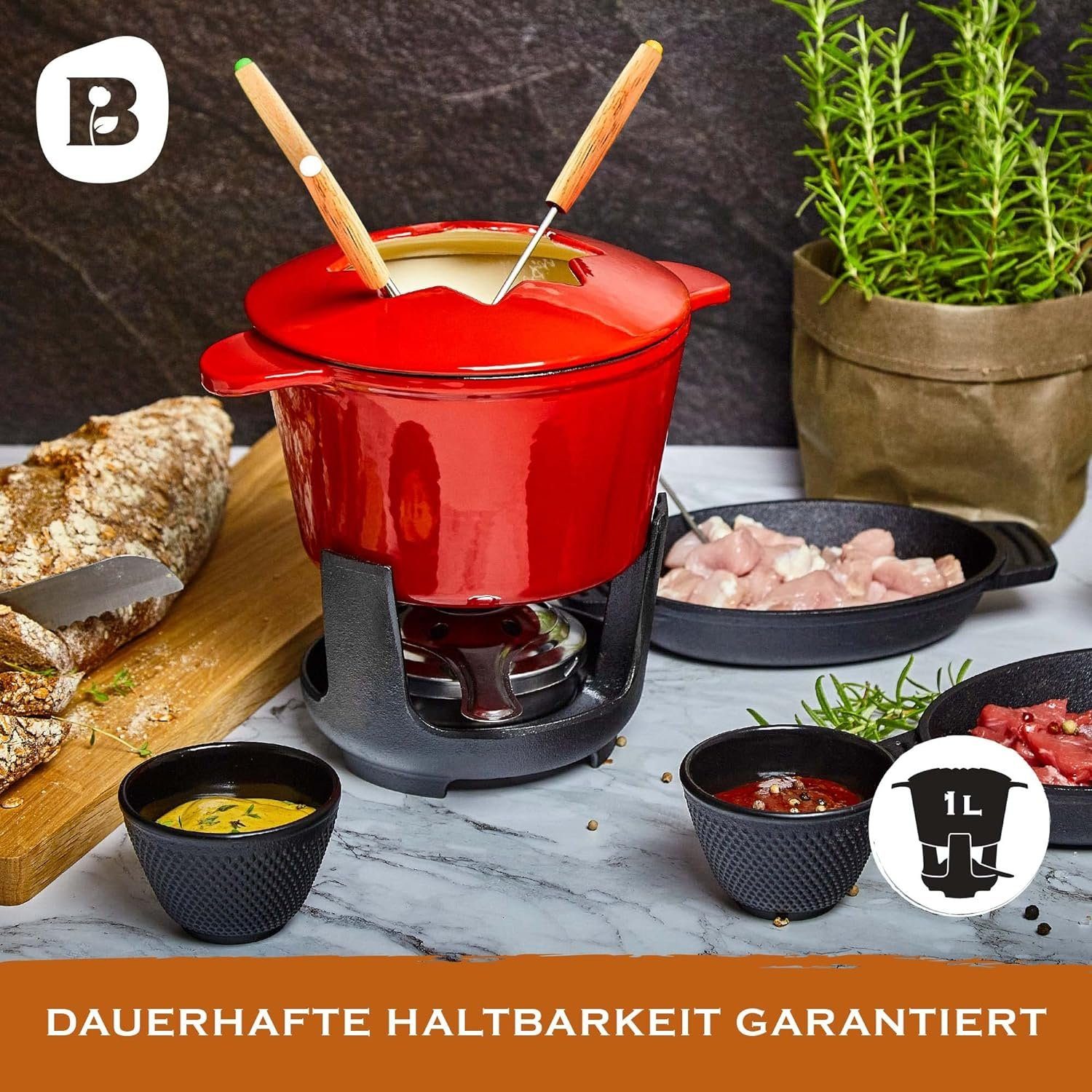Bonvivre Раклетници und Fondue-Set für 6 Personen, 1 Liter, 13-teilig mit Brenner und 6 Gabeln, Käsefondue Schokofondue Fleischfondue Gemüsefondue