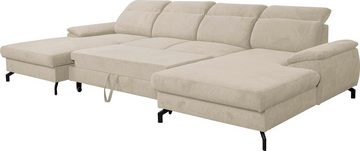 WERK2 Wohnlandschaft Slavio U-Form, Modernes U-Sofa mit Schlaffunktion, Bettkasten, Kopfteile verstellbar