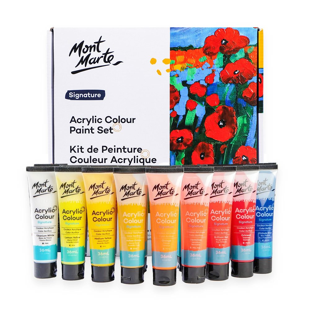 Mont Marte Acrylfarbe Künstler-Set, wählbar aus 18 x, 24 x, 36 x oder 48 x in je 36 ml Tuben, wasserbasiert, ideal für Leinwand, Holz, Stein & kreative Projekte