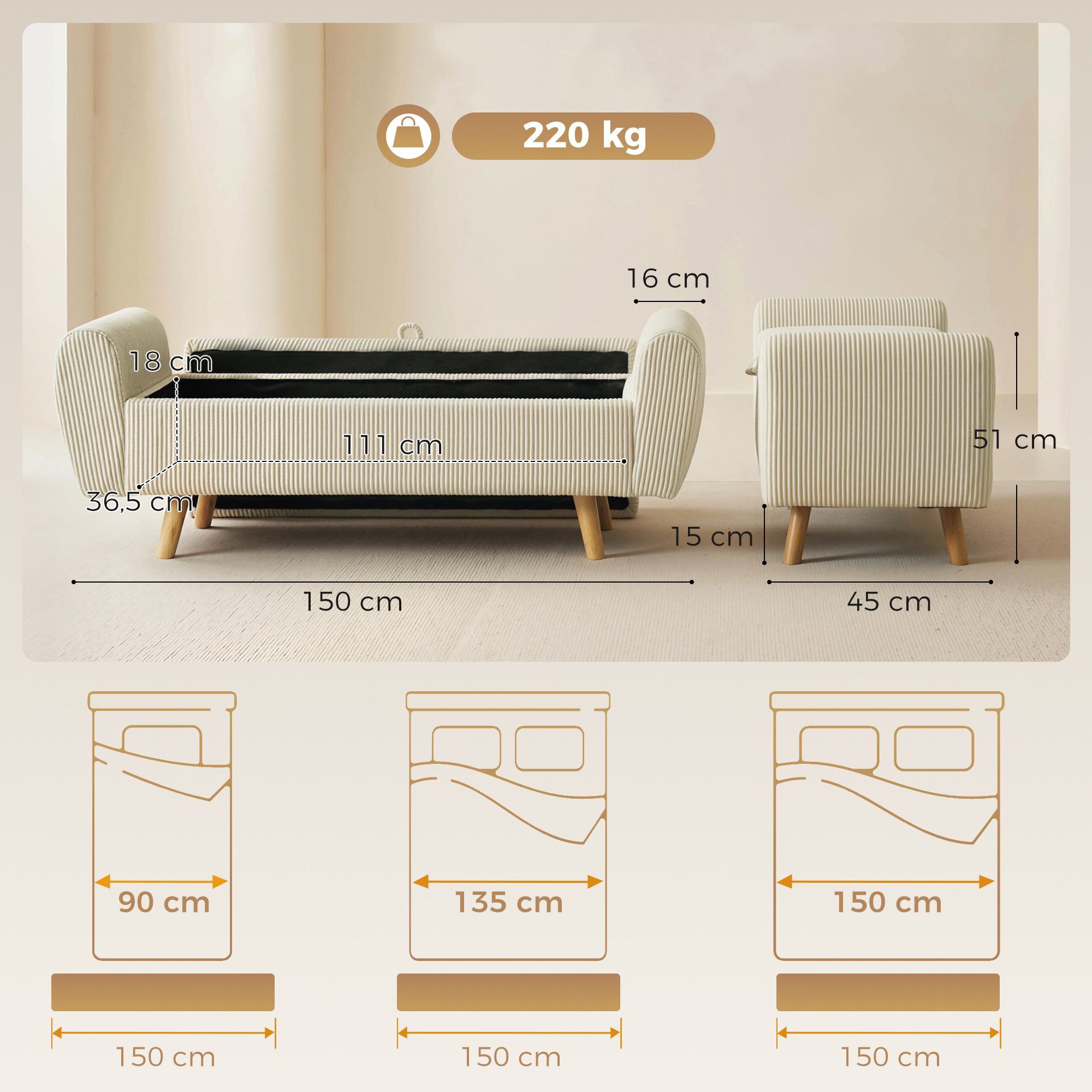 HOMCOM Sitzbank Polsterbank mit Cord-Optik, Holzfüßen und Gerollten Armlehnen (Set, 1-St., mit Stauraum), für Wohnzimmer, Schlafzimmer, Flur, 150 x 45 x 51 cm, Beige