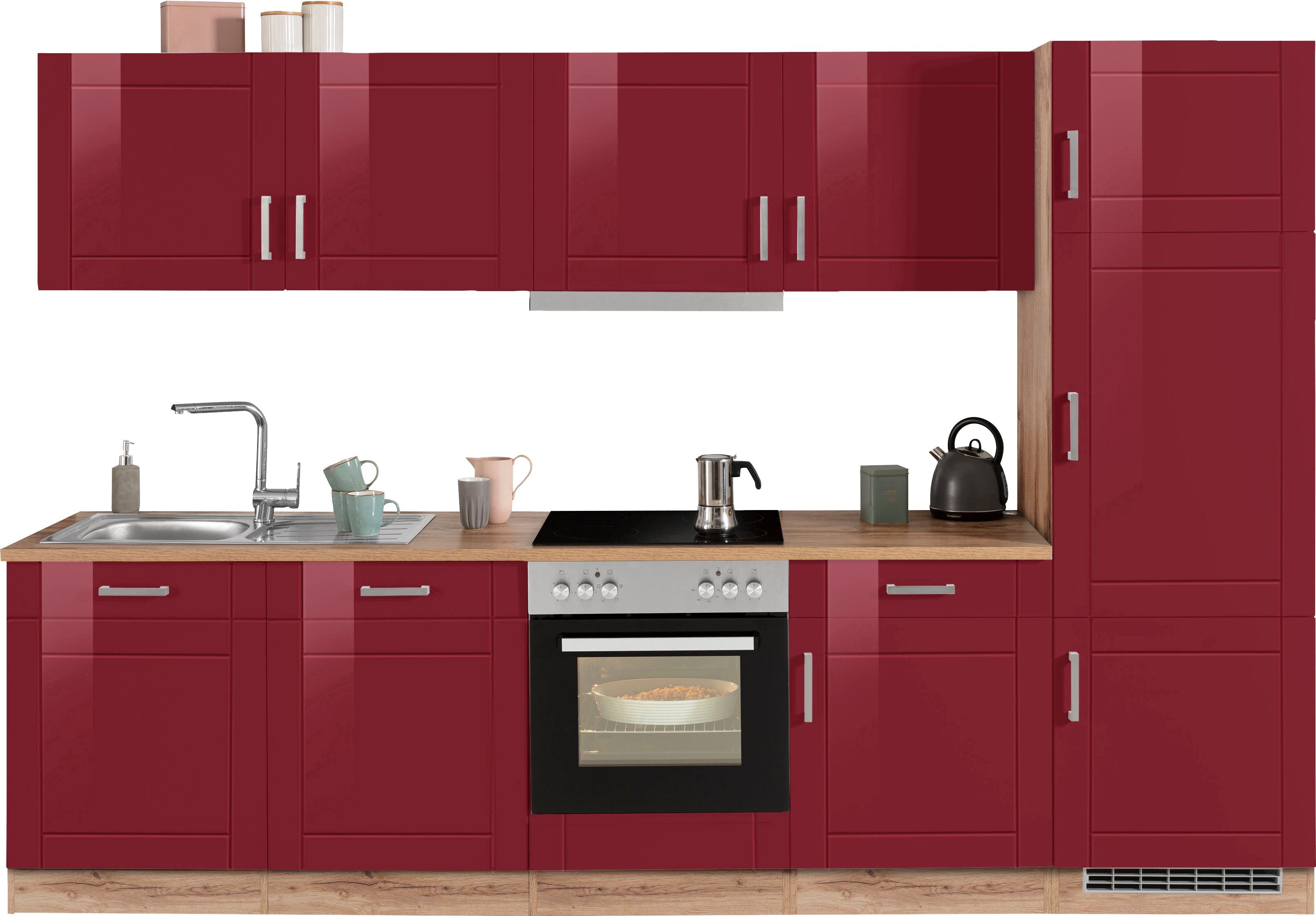 HELD MÖBEL Küchenzeile Tinnum, mit E-Geräten, Breite 300 cm rot
