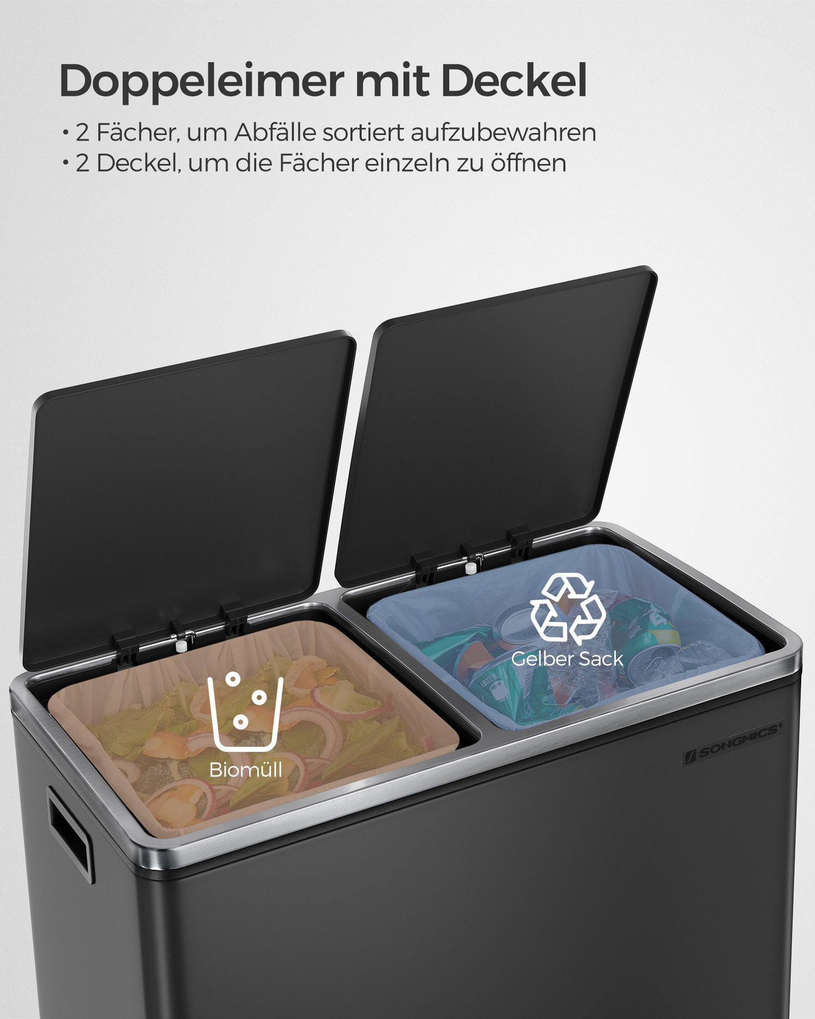 SONGMICS Mülleimer 2 Fächer, Mülltrennsystem, Treteimer, Abfalleimer Küche, 15 Müllsäcke, 2x30L, Inneneimer aus Kunststoff, Klappdeckel, Softclose, luftdicht