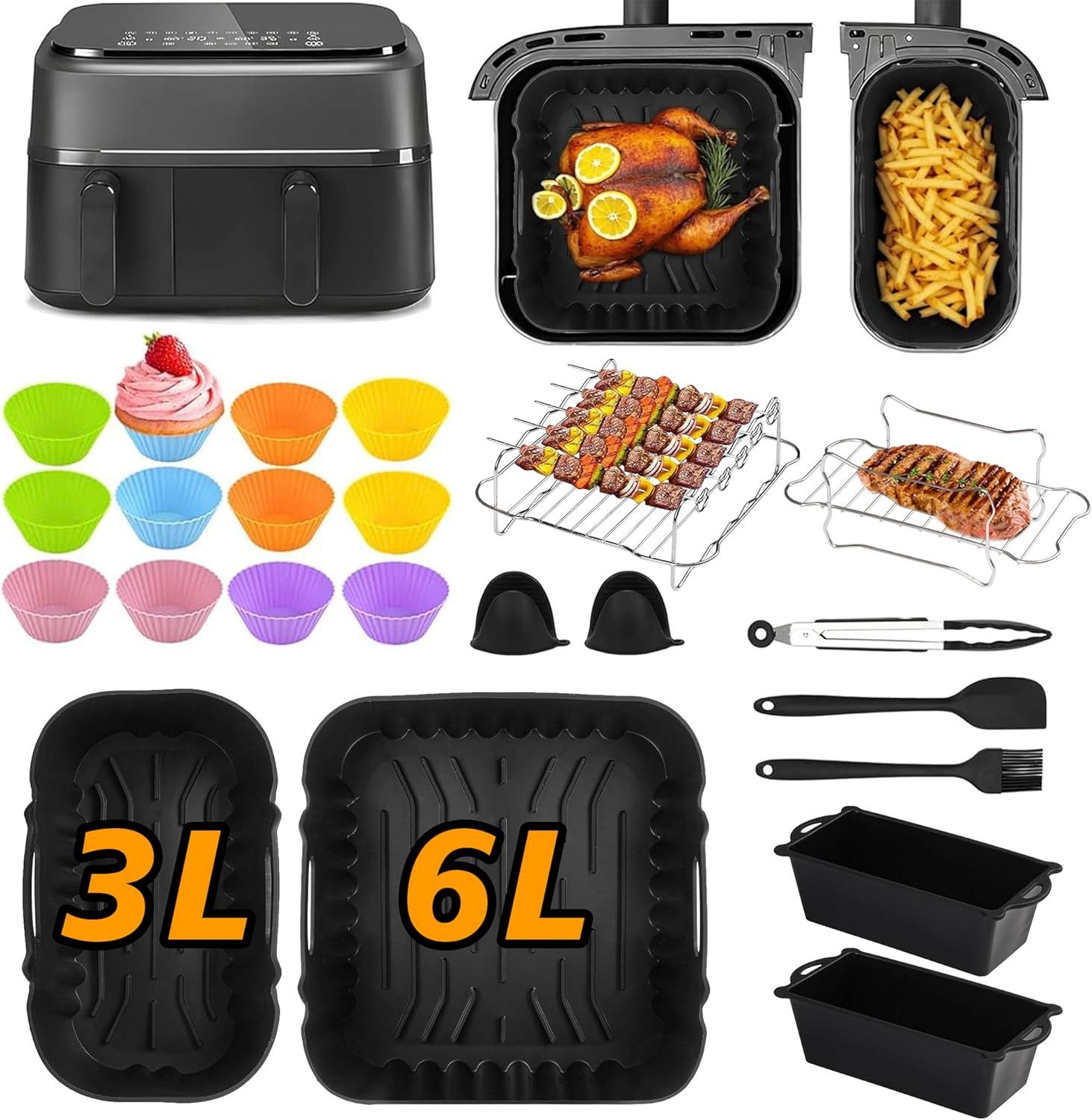 SURFOU Backform Heißluftfritteuse zubehör für Philips airfryer zubehör 28-tlg BPA-frei, (28-tlg Heißluftfritteuse Zubehör Set für Philips Airfryer Dual Basket 3000/5000 Serie(z. B. NA350/00, NA352/04), und Tefal EY9018 Dual Easy Fry, und die meisten Dual Zone Heißluftfritteusen(3L+6L), Silikonformen, Muffinförmchen, Backformen, Grillrost, Edelstahlspieße, Spießhalter, Silikonhandschuhe, Silikonzange, Öl-Pinsel 28-tlg), Schnell zubereitet, gesund, fettarm
