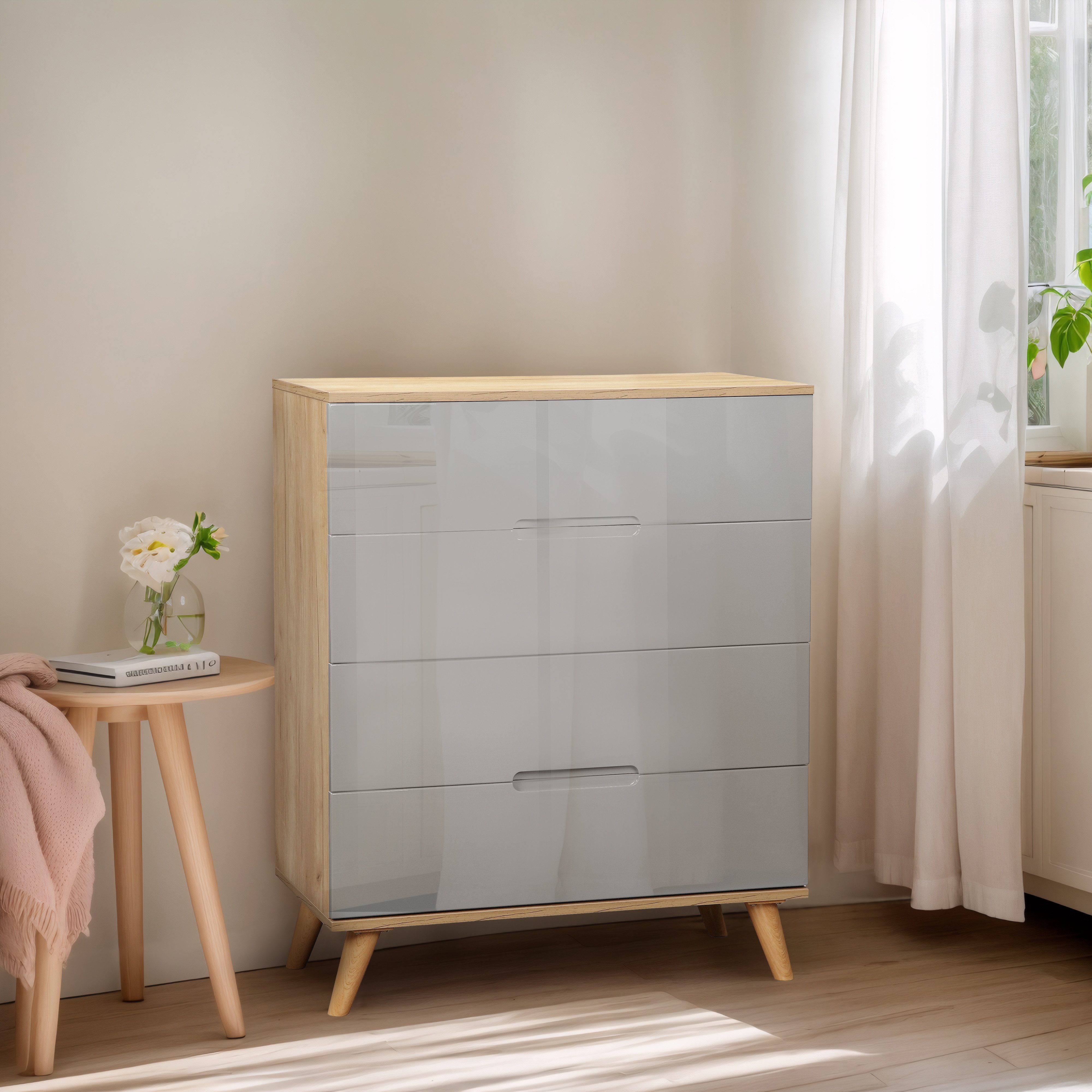 OTTO home Schubkastenkommode Lund Schlafzimmerschrank Wäscheschrank mit hochglänzenden Fronten (Kommode mit 4 Schubladen für viel Stauraum), Schlafzimmerkommode Bestseller im skandinavischem Design