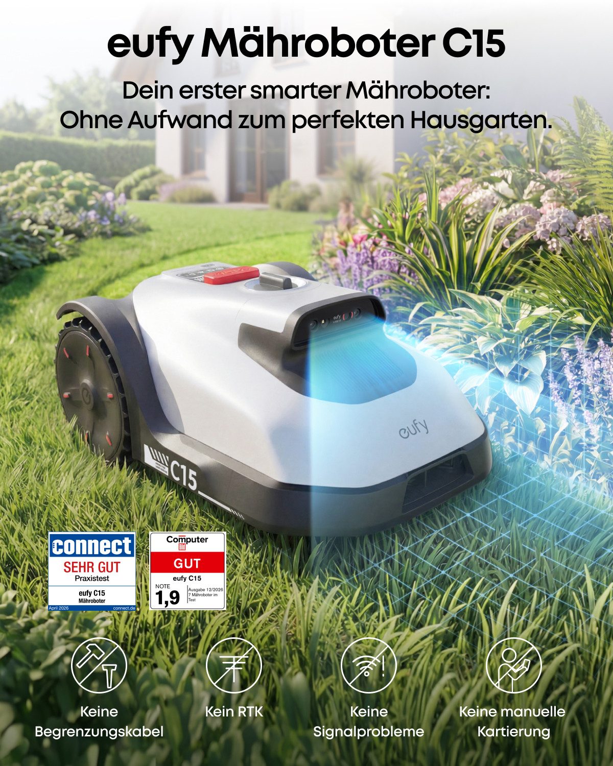 Anker eufy Rasenmähroboter C15 ohne Begrenzungskabel, bis 500 m² Rasenfläche, (Packung), ohne RTK, Auto-Kartierung, intelligente Navigation, präzises Randmähen – Bild 2 von 5